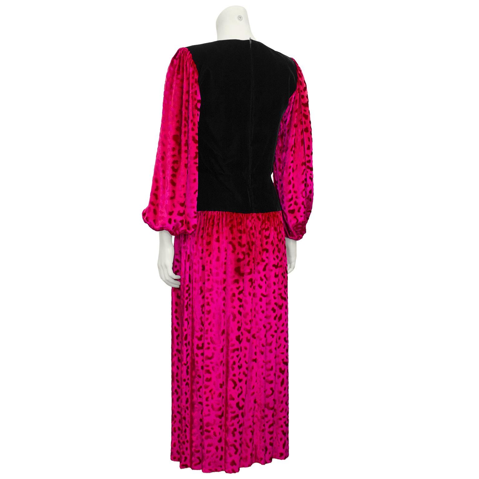 Pink Fall 1986 YSL Rive Gauche Black and Fuchsia Patterned Velvet Dress  For Sale
