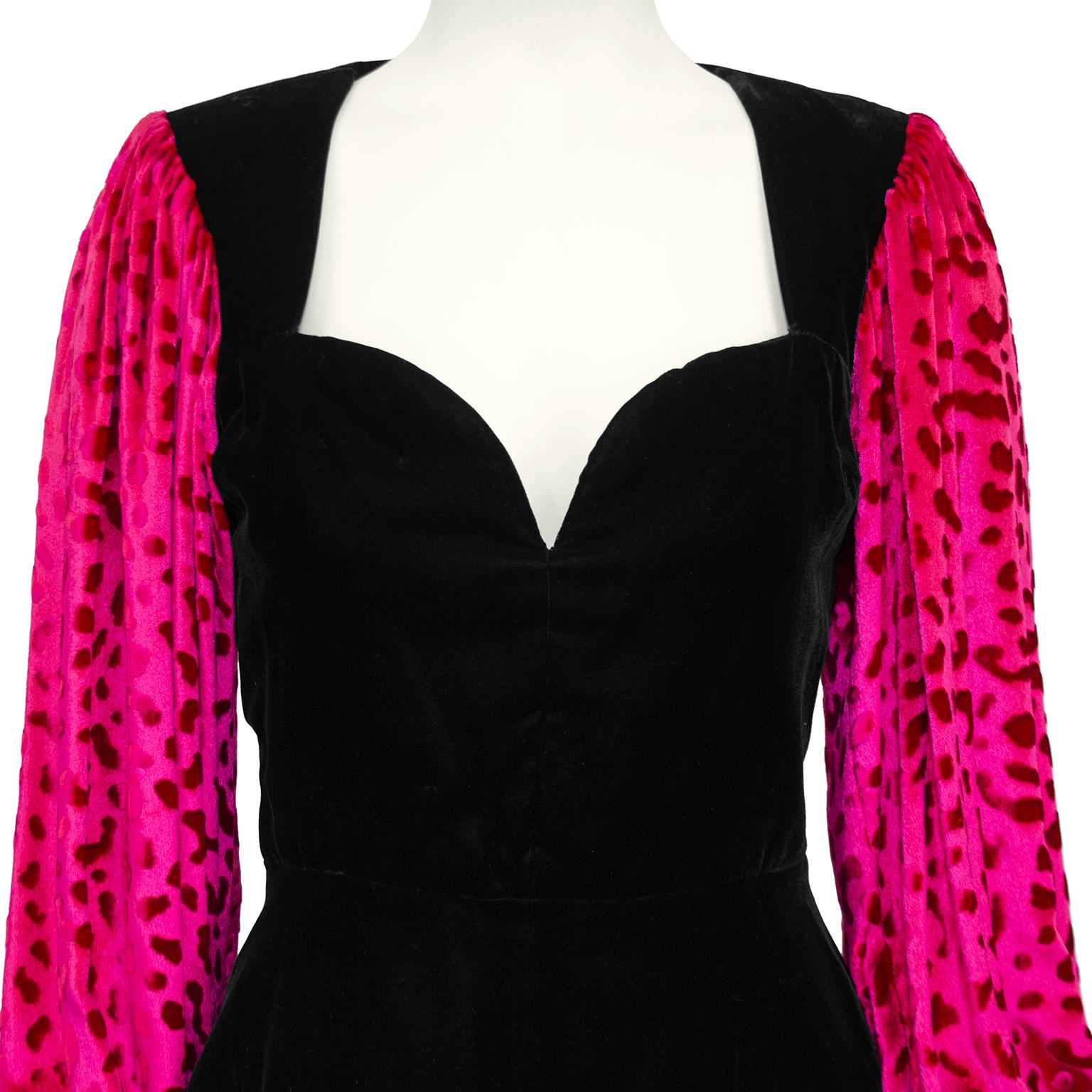 Women's Fall 1986 YSL Rive Gauche Black and Fuchsia Patterned Velvet Dress  For Sale