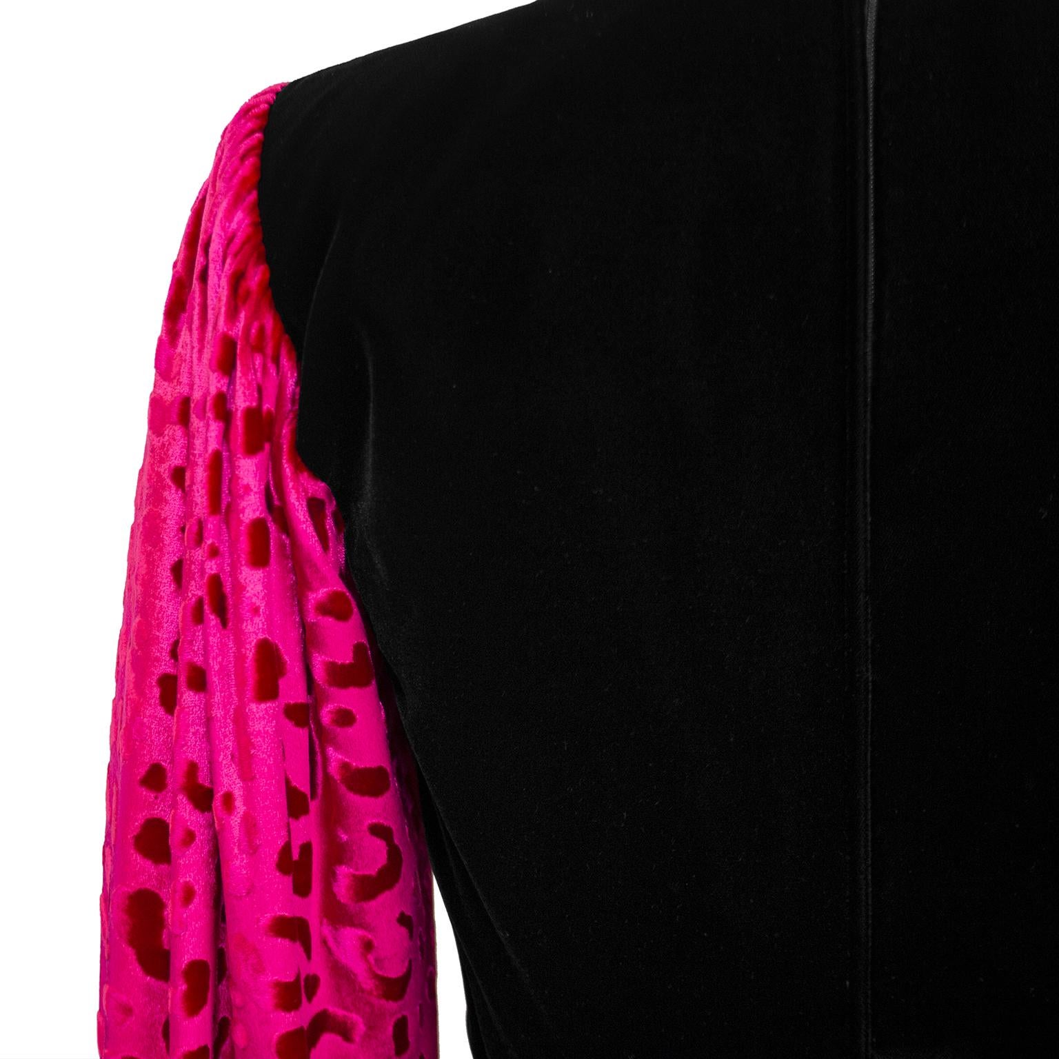 Fall 1986 YSL Rive Gauche Black and Fuchsia Patterned Velvet Dress  For Sale 3