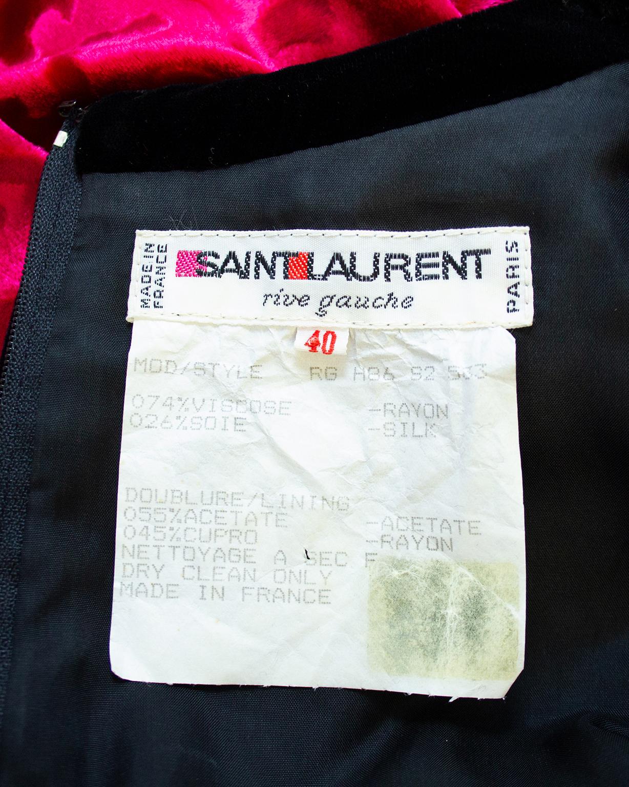 Fall 1986 YSL Rive Gauche Black and Fuchsia Patterned Velvet Dress  For Sale 4