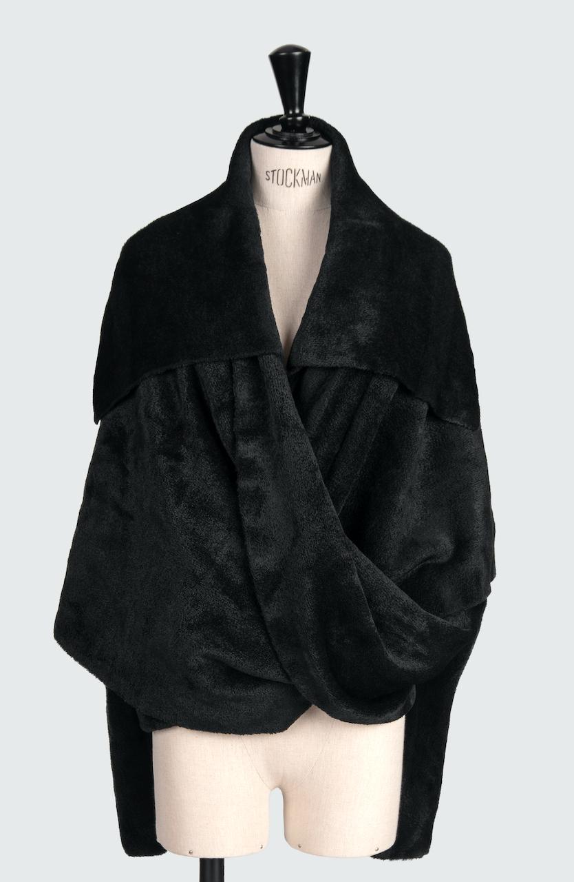 Fall 1989 AZZEDINE ALAÏA Runway Black Velvet Knit Shawl Collar Open Front Jacket For Sale 2