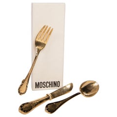 Vintage Fall 1989 MOSCHINO Dinner Cutlery Fork Knife and Spoon Brooch Full Set with Box