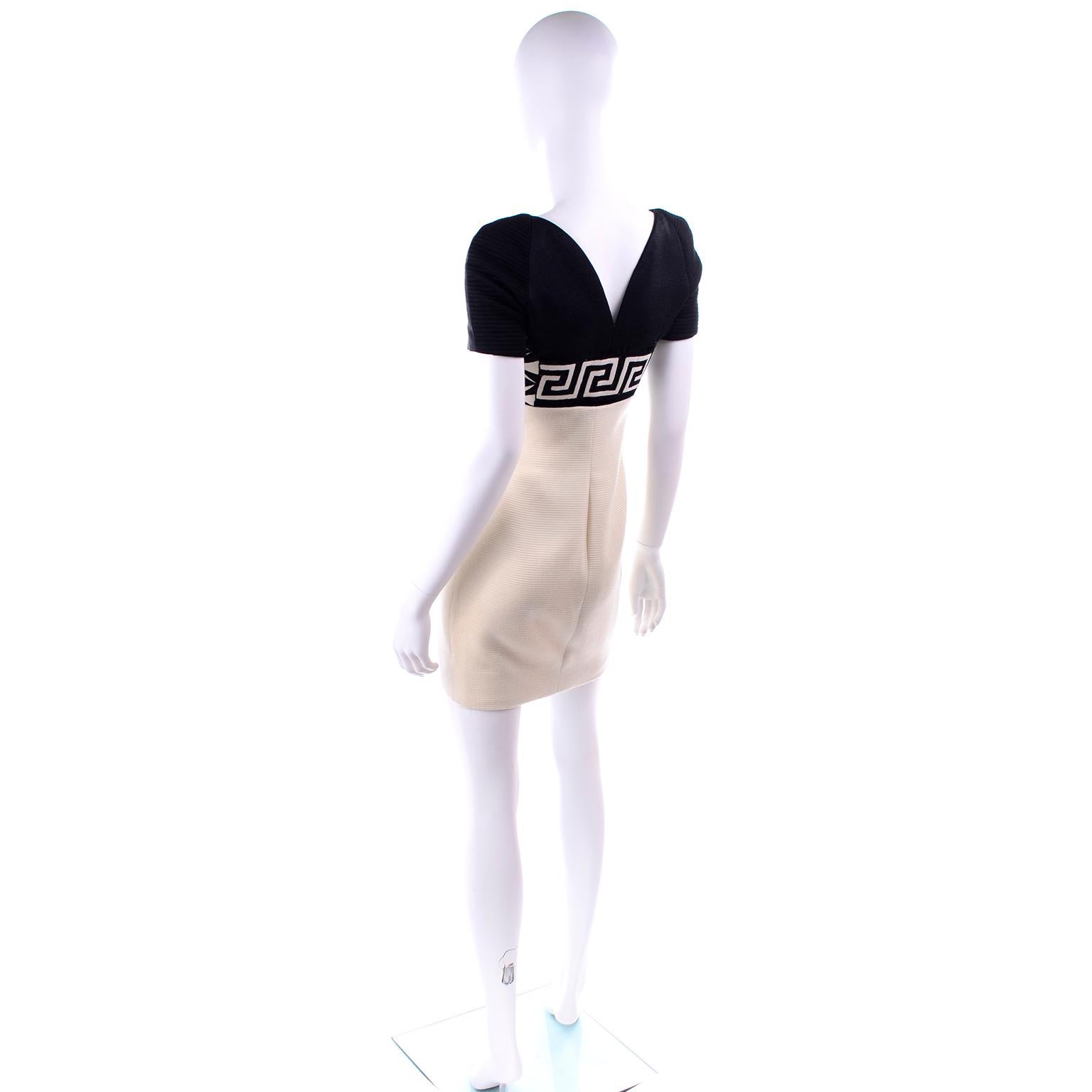 Beige Fall 1991 Atelier Versace Gianni Vintage Black & Cream & White Dress For Sale