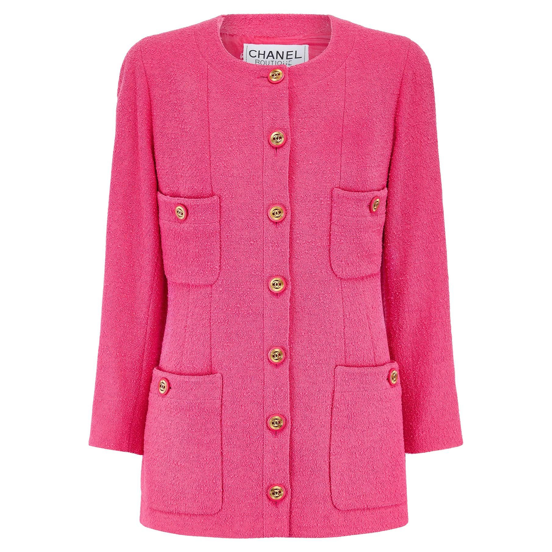 Fall 1991 Chanel Runway Documented Pink Boucle Wool Jacket For Sale