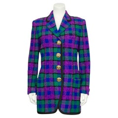 Fall 1991 Gianni Versace Couture Green and Purple Plaid Long Blazer 