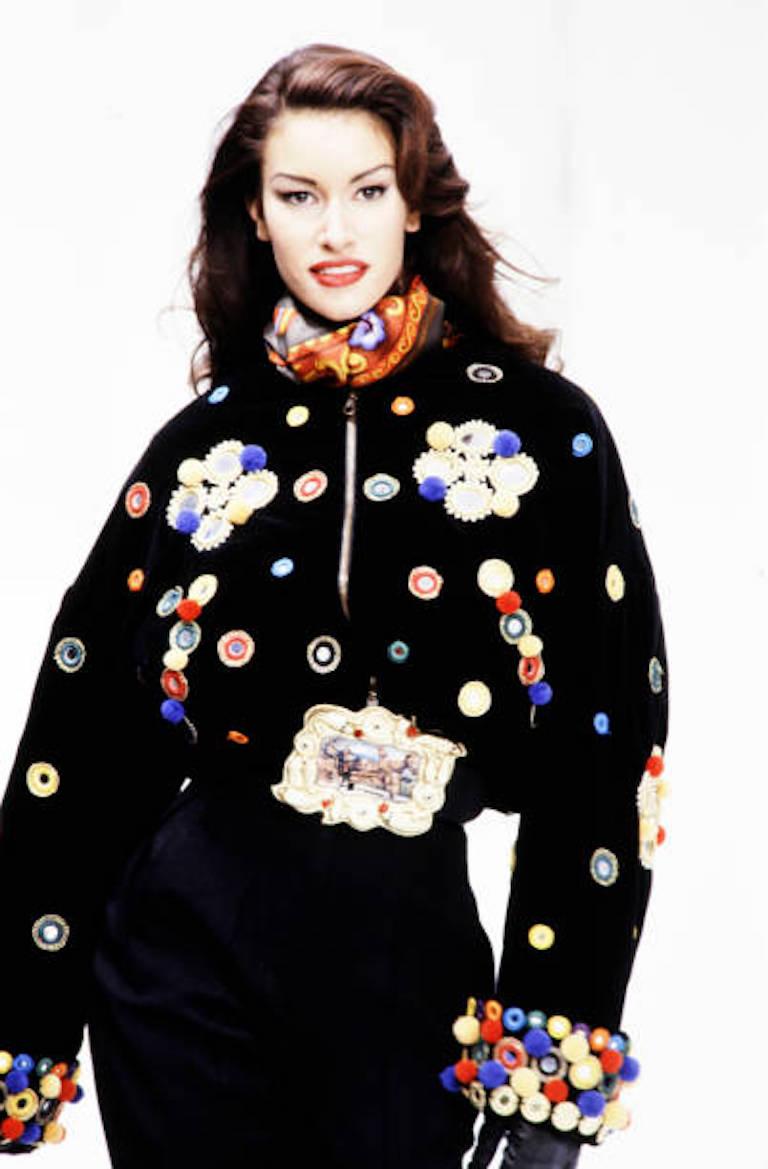 Fall 1992 Documented DOLCE & GABBANA Black Mirror & Tassel Appliqué Velvet Vest For Sale 13
