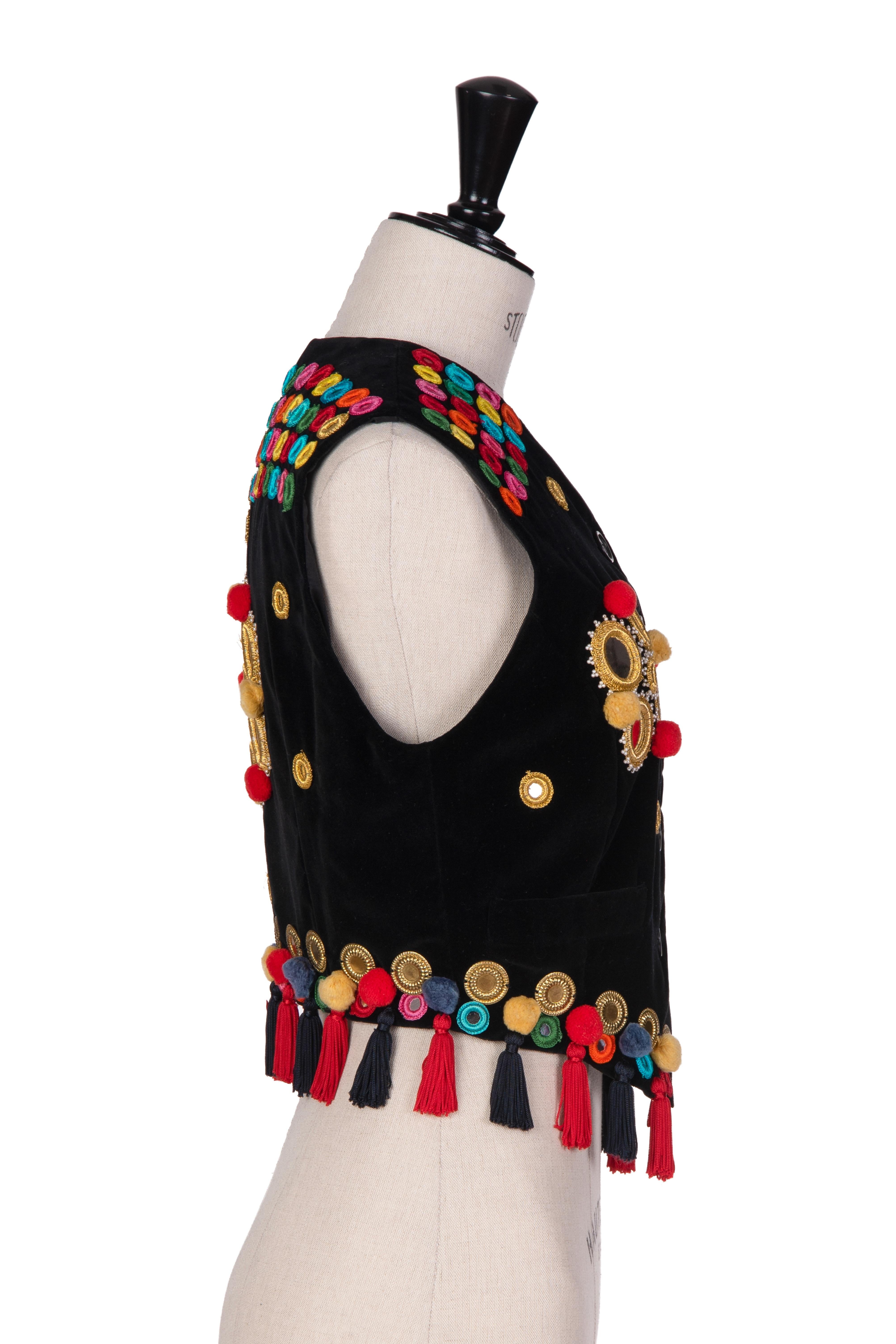 Women's Fall 1992 Documented DOLCE & GABBANA Black Mirror & Tassel Appliqué Velvet Vest For Sale