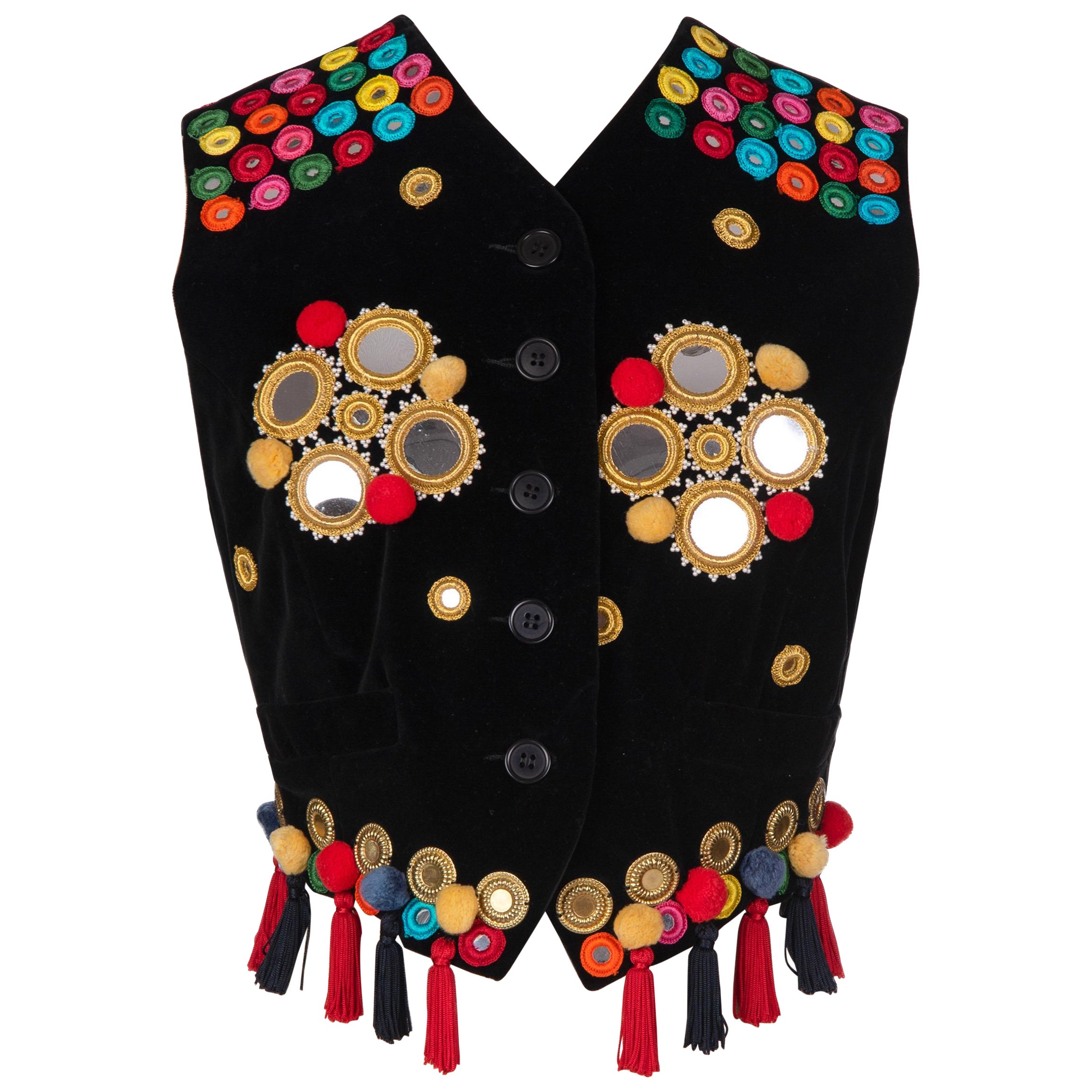 Herbst 1992 Dokumentiert DOLCE & GABBANA Schwarze Weste aus Samt mit Spiegel- und Quastenapplikationen im Angebot