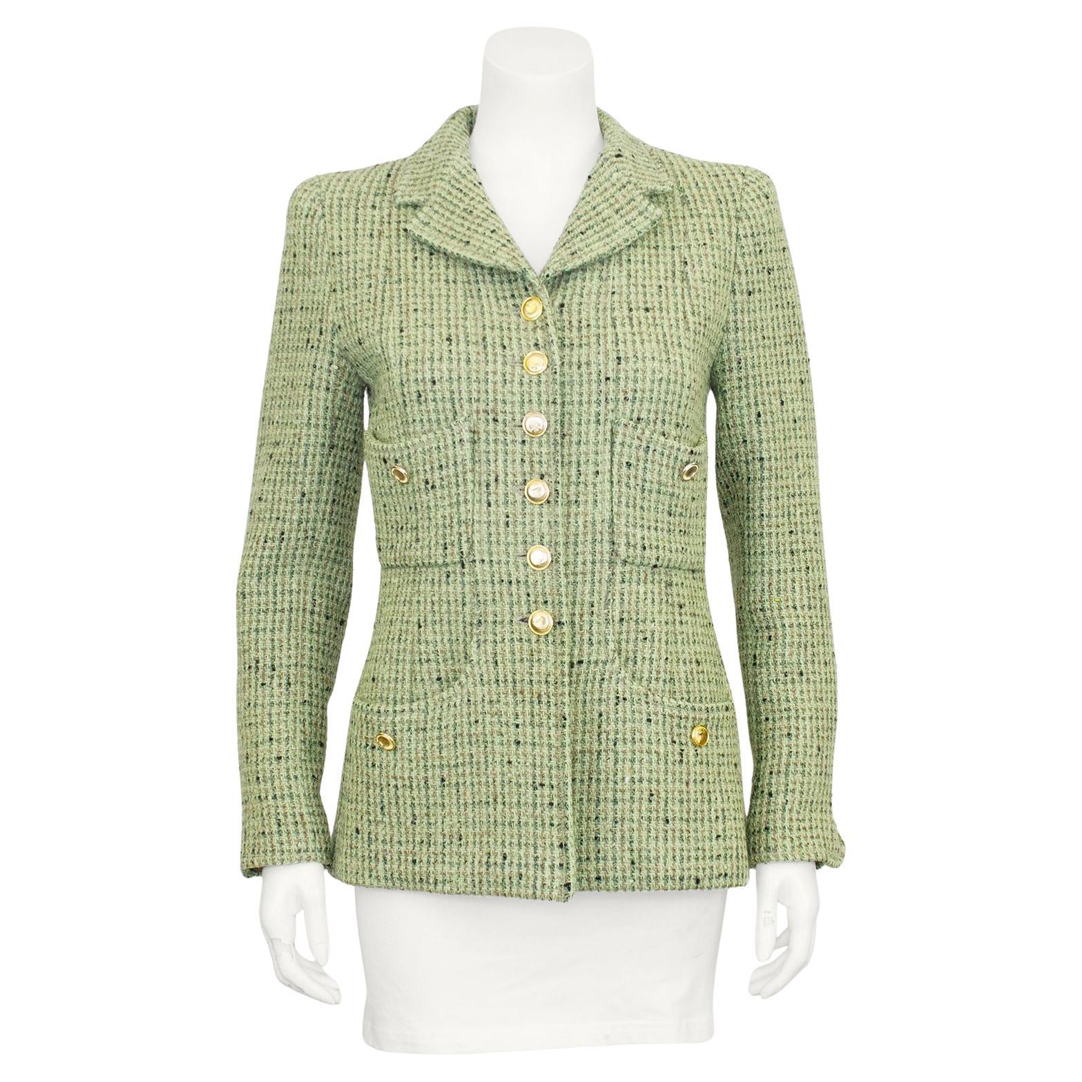Fall 1997 Chanel Mint Green Bouclé Tweed Jacket For Sale