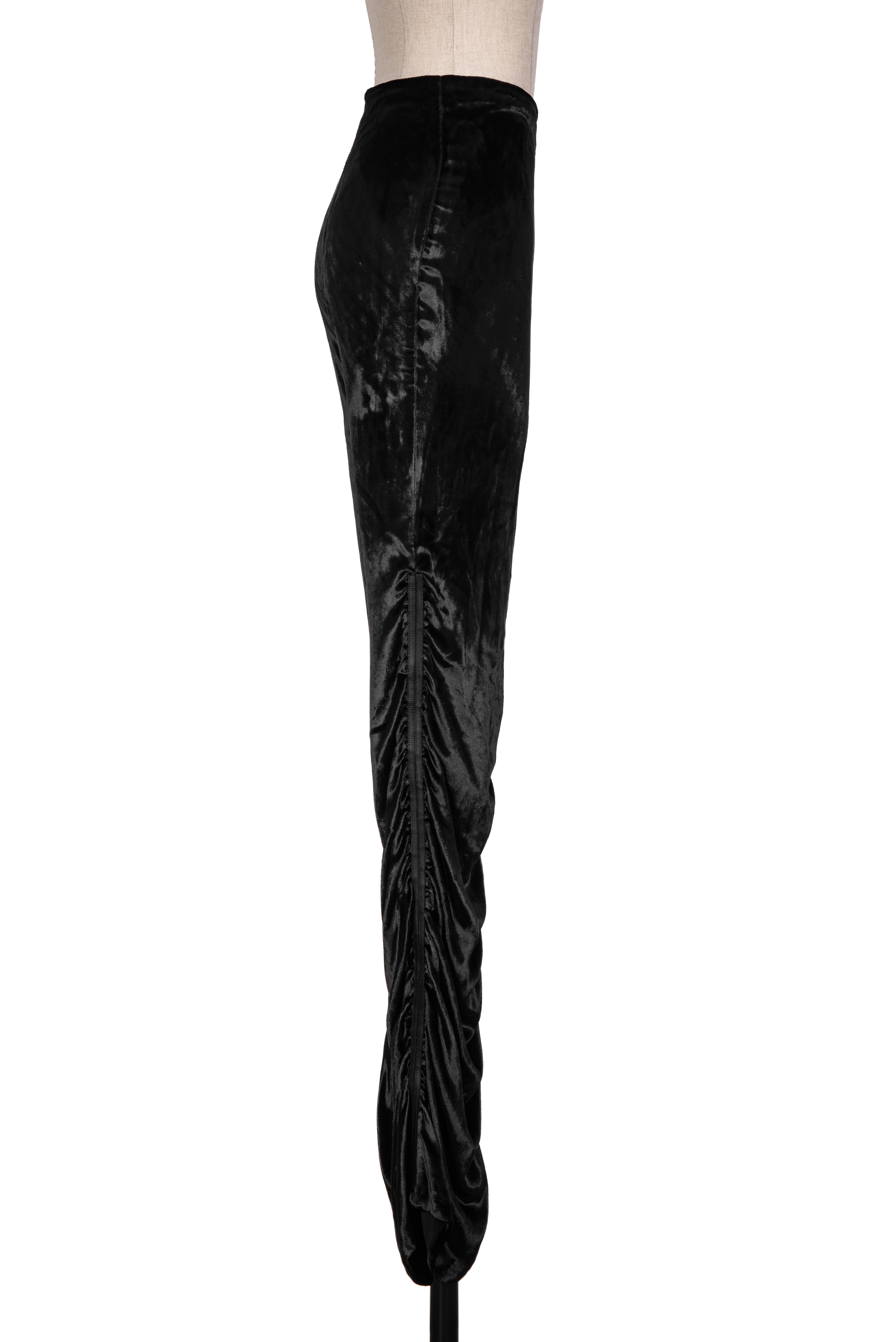 Women's Fall 1999 GUCCI Tom Ford Documented Draped Black Velvet Leather Strip Trousers For Sale