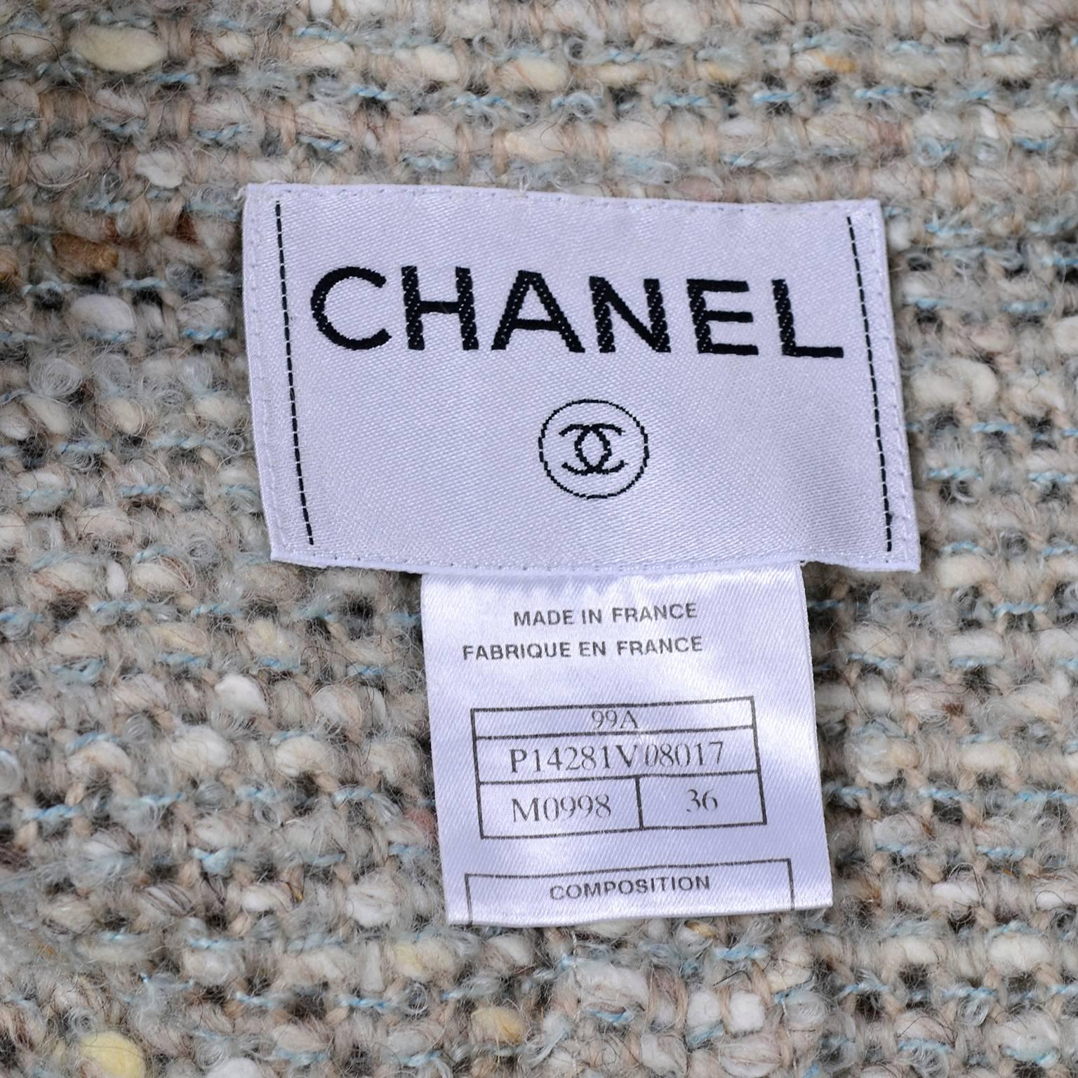 Fall 1999 Vintage Long Chanel Coat in Cream Brown & Blue Lesage Tweed  2