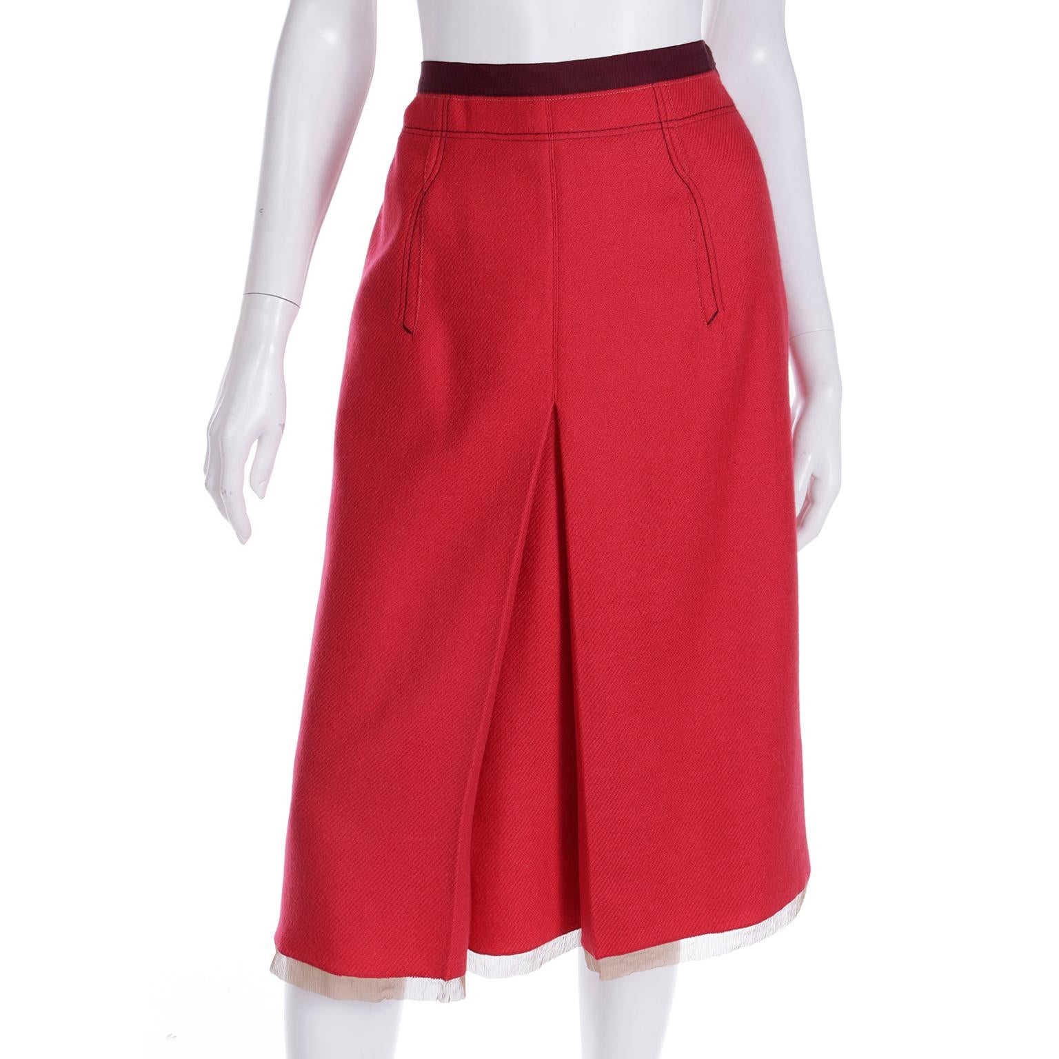 Fall 2000 Prada 2 Pc Red and Purple Wool Top & Skirt Dress w Silk Trim 6