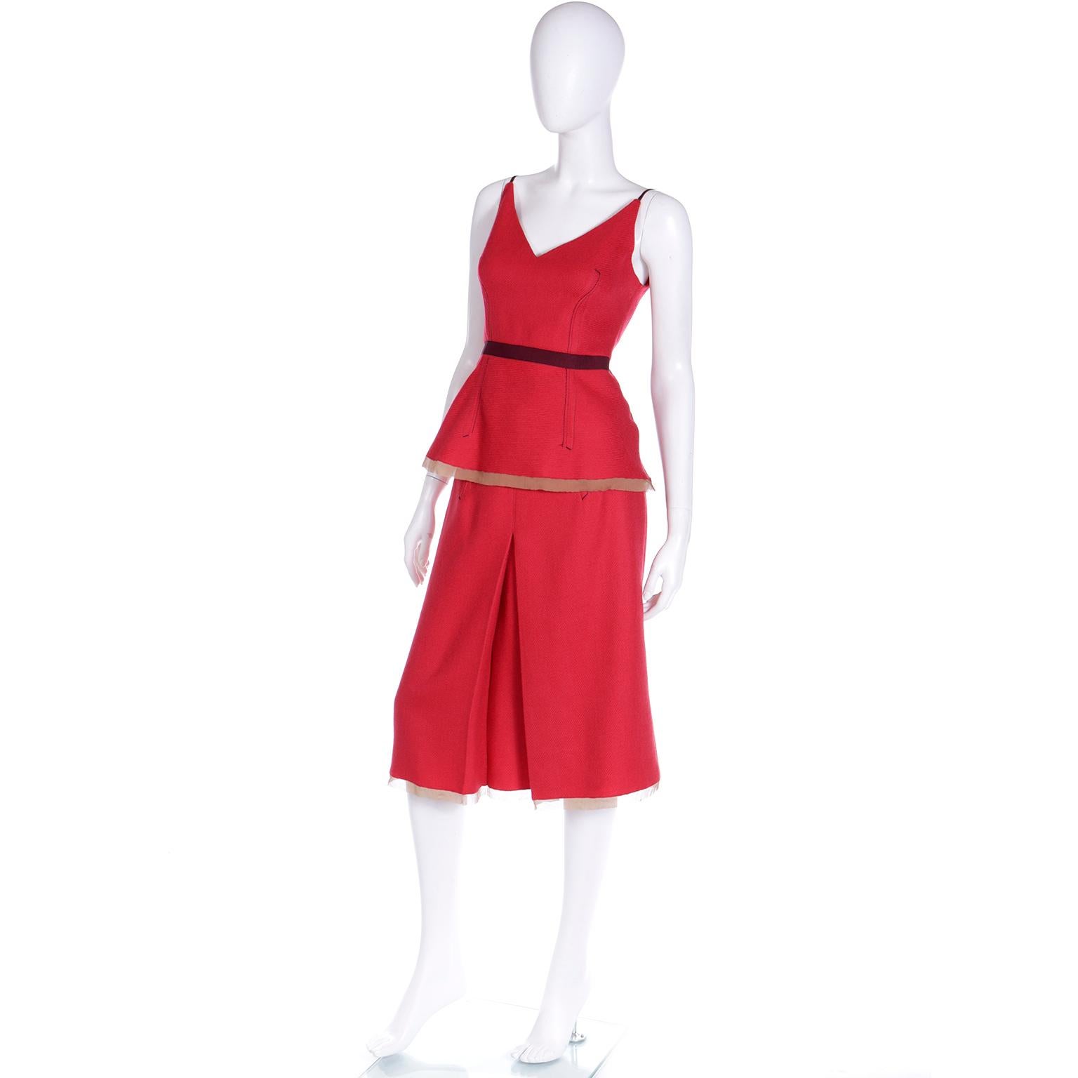 Fall 2000 Prada 2 Pc Red and Purple Wool Top & Skirt Dress w Silk Trim In Excellent Condition In Portland, OR