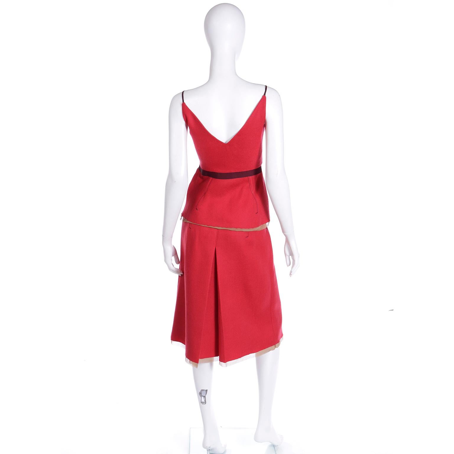 Women's Fall 2000 Prada 2 Pc Red and Purple Wool Top & Skirt Dress w Silk Trim