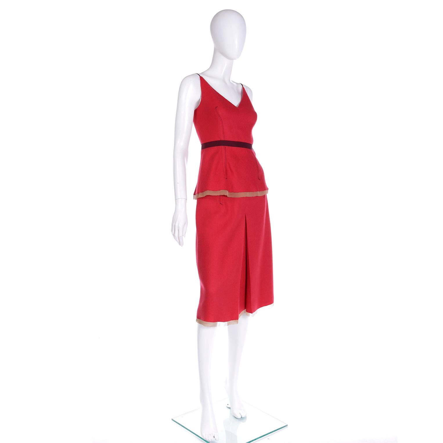 Fall 2000 Prada 2 Pc Red and Purple Wool Top & Skirt Dress w Silk Trim 1