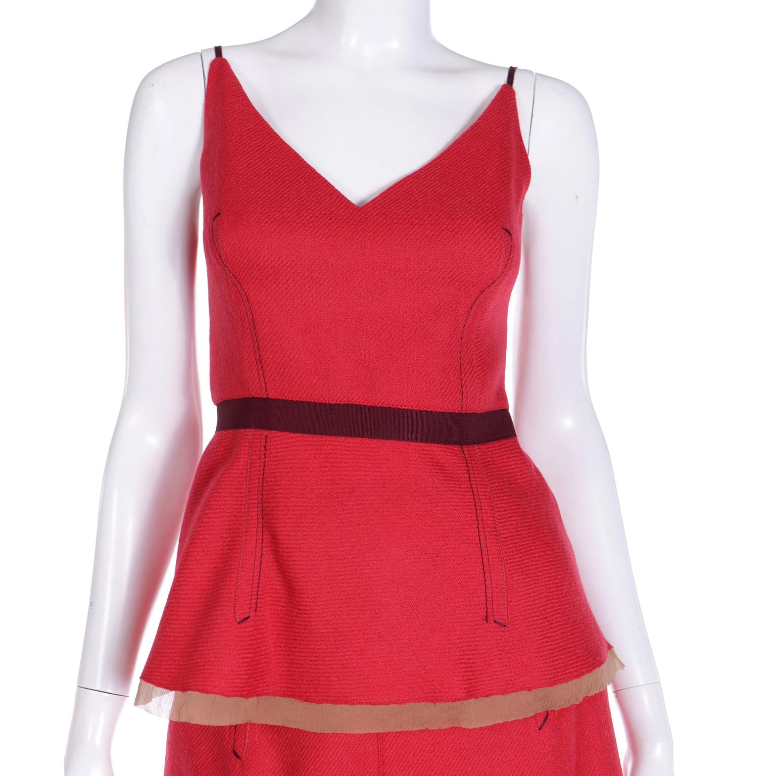 Fall 2000 Prada 2 Pc Red and Purple Wool Top & Skirt Dress w Silk Trim 2
