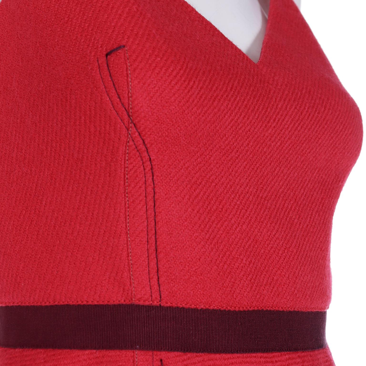 Fall 2000 Prada 2 Pc Red and Purple Wool Top & Skirt Dress w Silk Trim 3