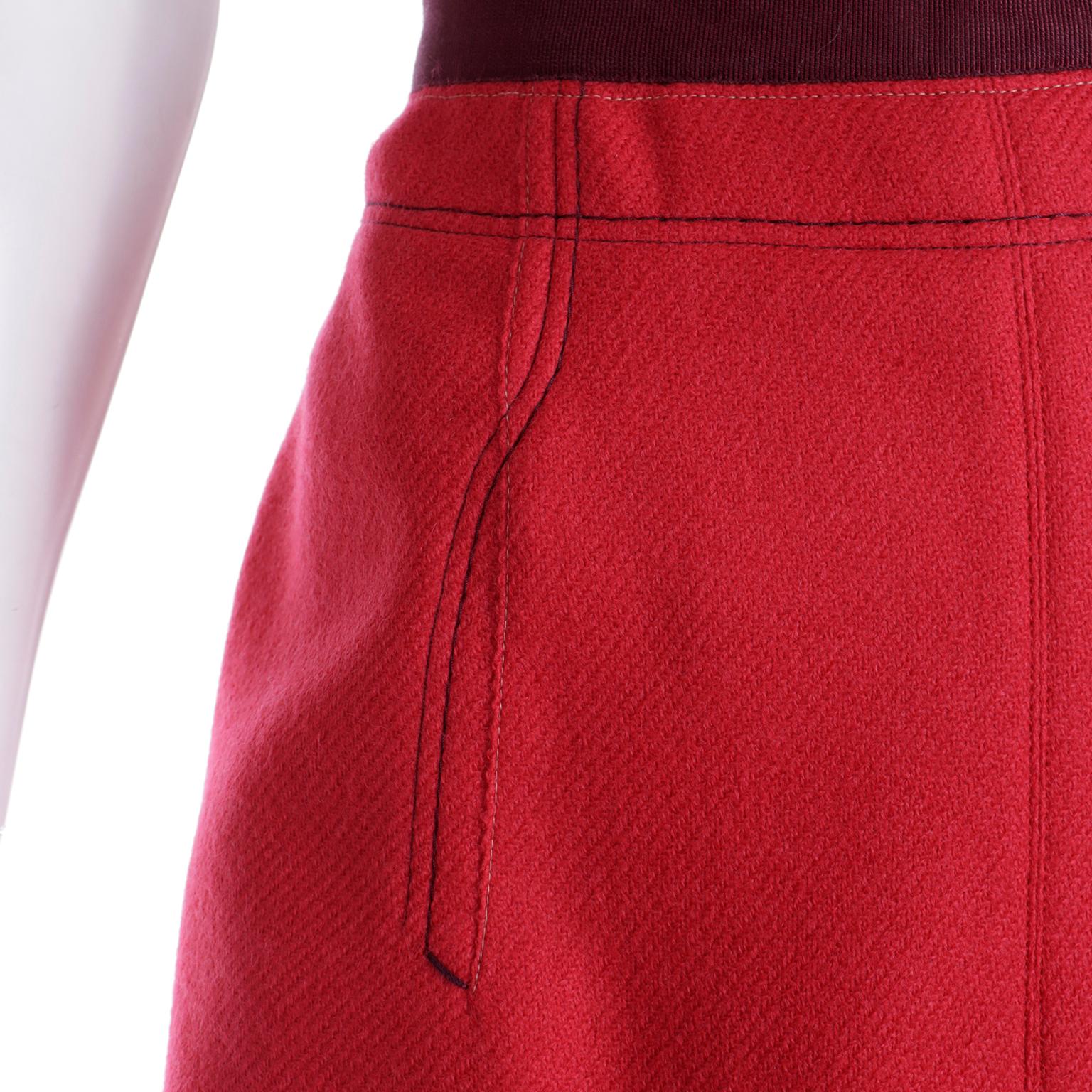 Fall 2000 Prada 2 Pc Red and Purple Wool Top & Skirt Dress w Silk Trim 5