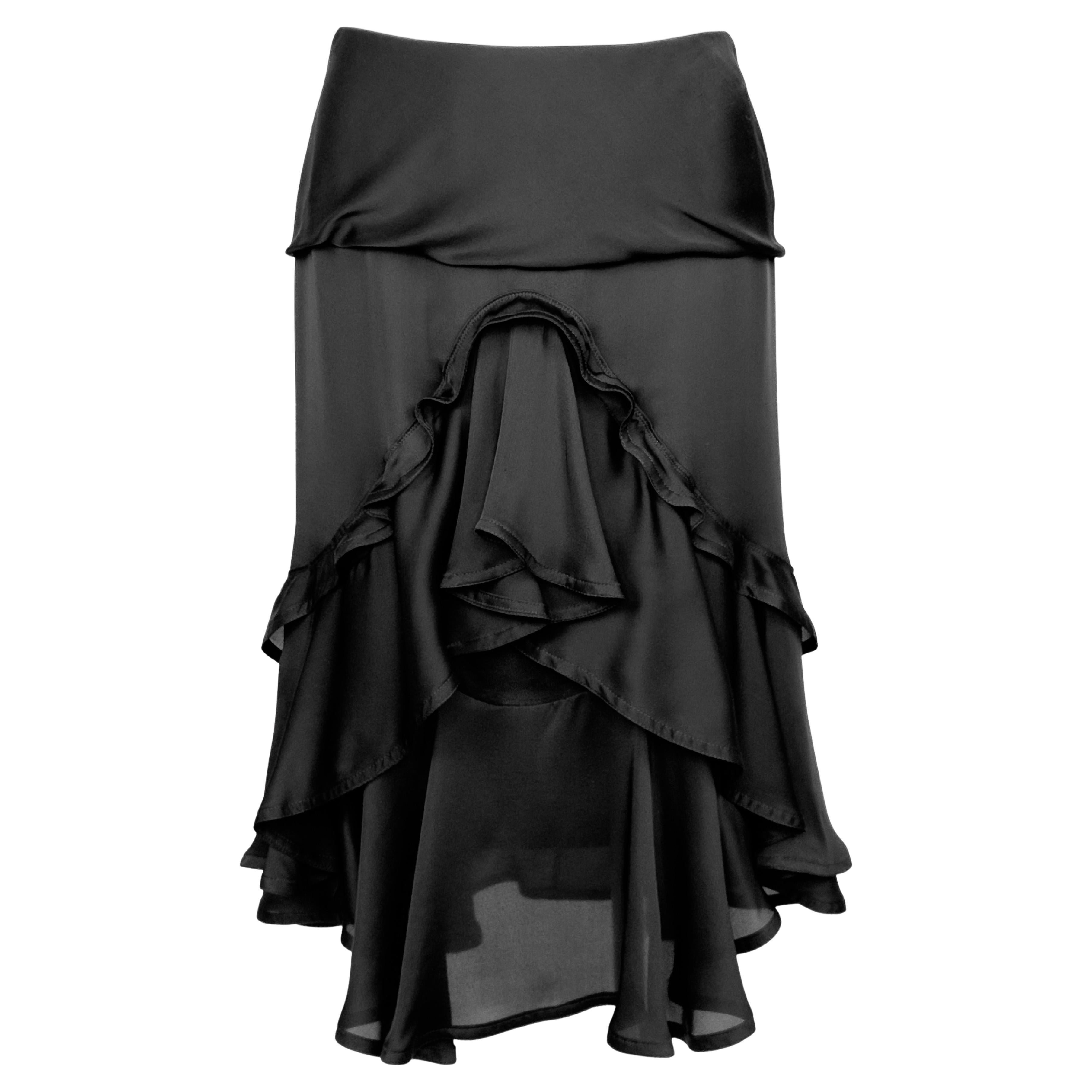 Fall 2002 Yves Saint Laurent/YSL by Tom Ford Black Ruffled Silk Skirt For Sale