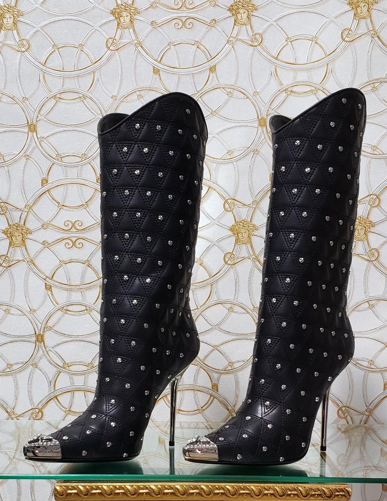 Women's Fall/2013 L # 2 NEW VERSACE BLACK LEATHER STUDDED WESTERN STILETTO Boots 39