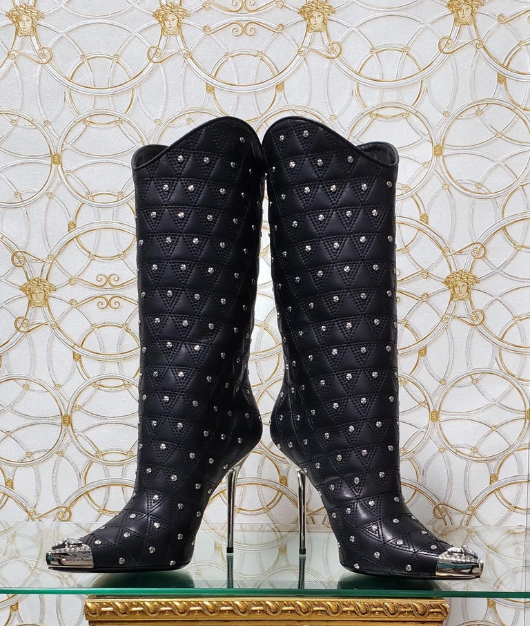Fall/2013 L # 2 NEW VERSACE BLACK LEATHER STUDDED WESTERN STILETTO Boots 39 2