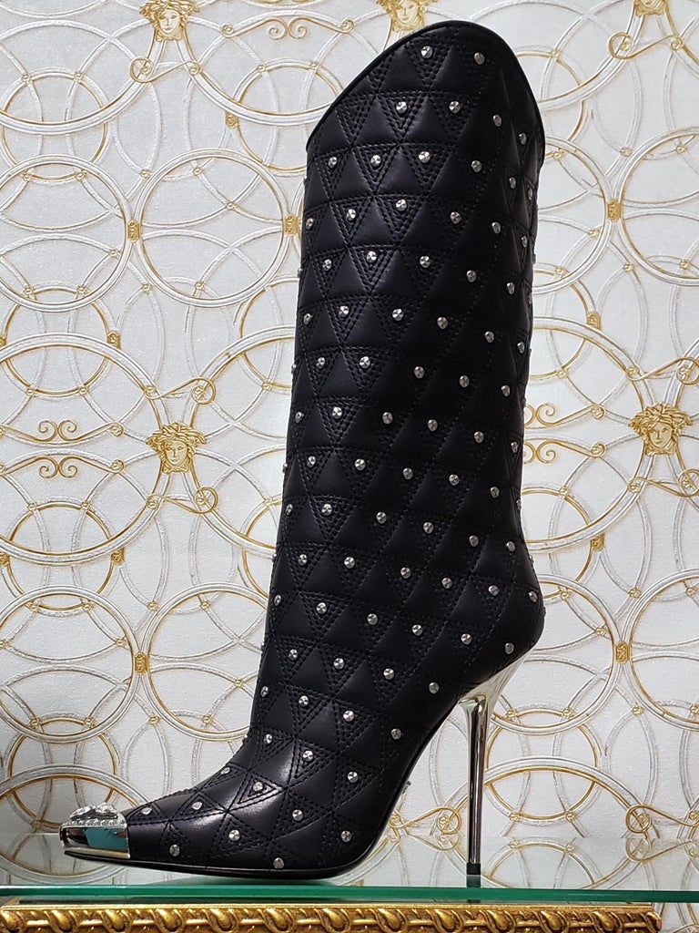 Fall/2013 L # 2 NEW VERSACE BLACK LEATHER STUDDED WESTERN STILETTO Boots 39 4