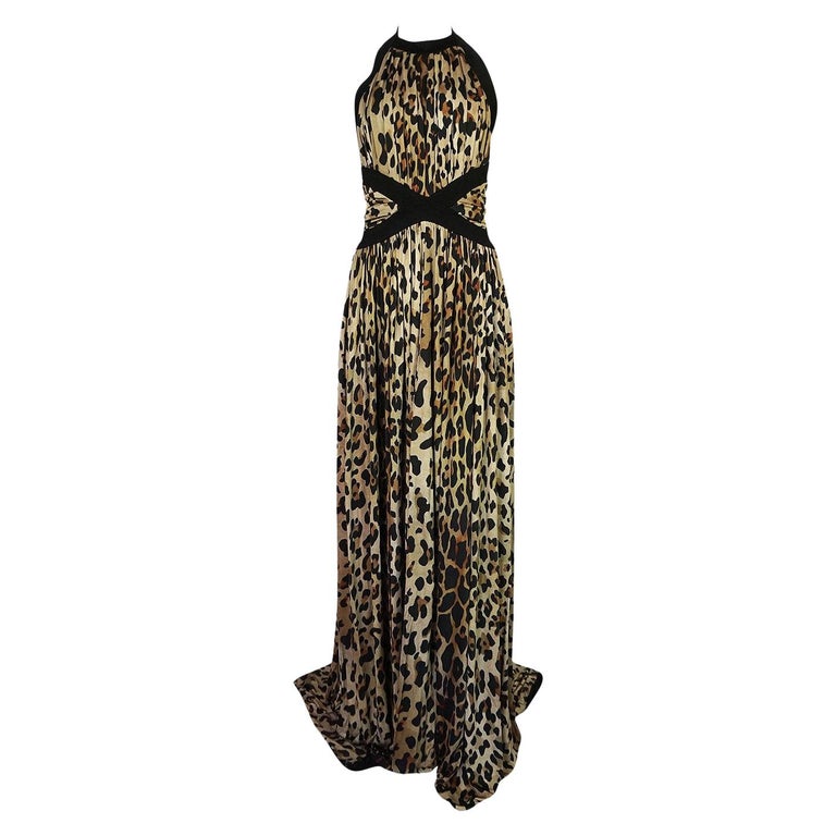 Fall 2014 Balmain Full Length Leopard Silk Jersey Backless Halter Dress ...