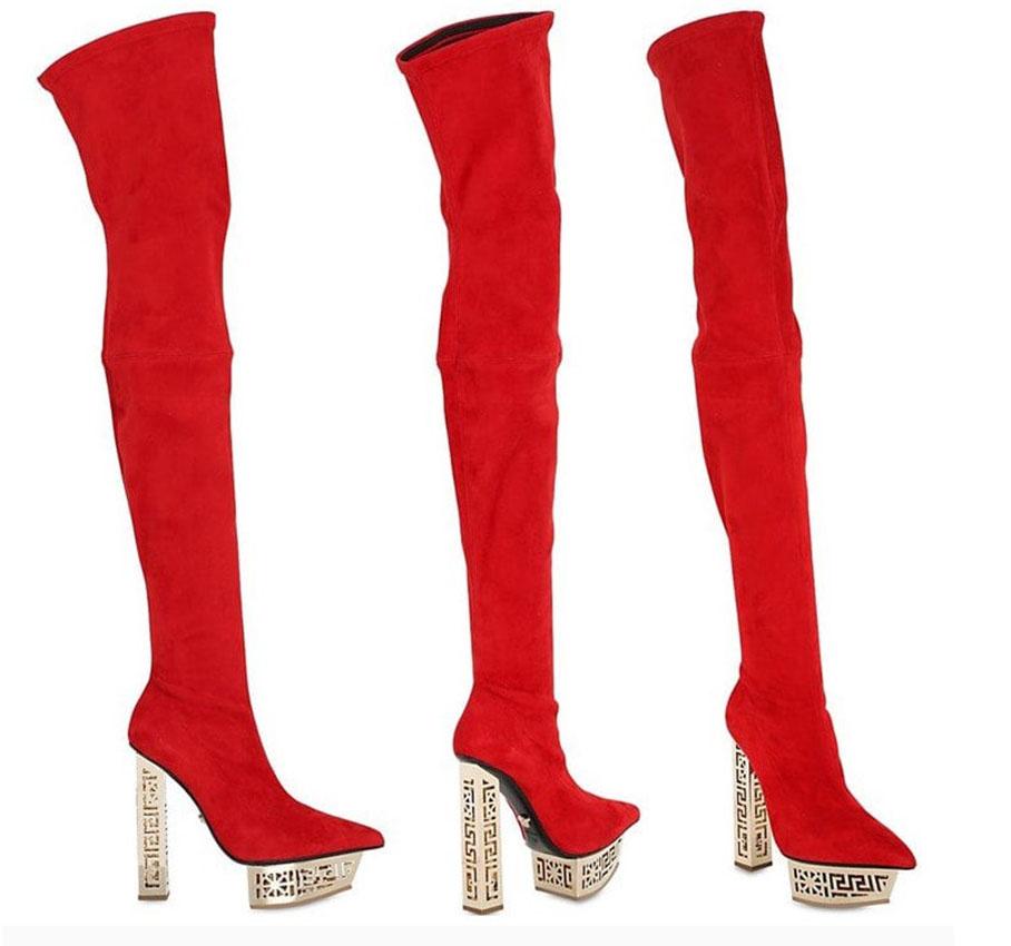 Red Fall 2015 Look # 8 NEW VERSACE RED SUEDE LETHER GREEK KEY OVER KNEE BOOTS 39 - 9 For Sale