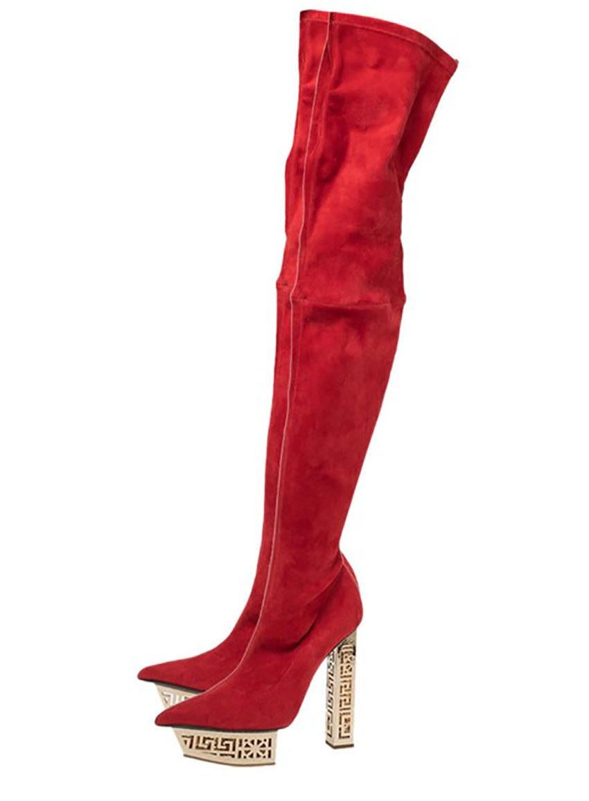 Fall 2015 Look # 8 NEW VERSACE RED SUEDE LETHER GREEK KEY OVER KNEE BOOTS 39 - 9 In Excellent Condition For Sale In Montgomery, TX