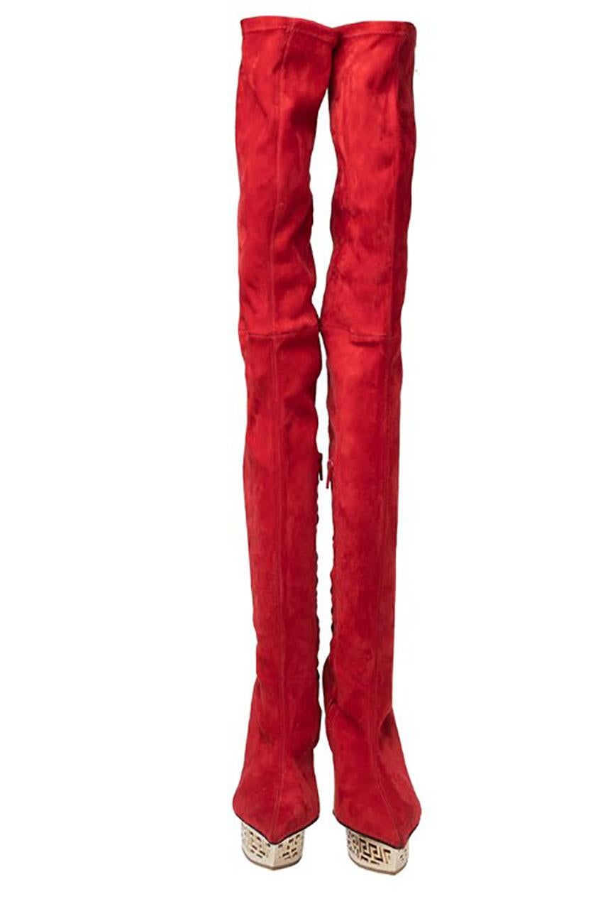 Women's Fall 2015 Look # 8 NEW VERSACE RED SUEDE LETHER GREEK KEY OVER KNEE BOOTS 39 - 9 For Sale