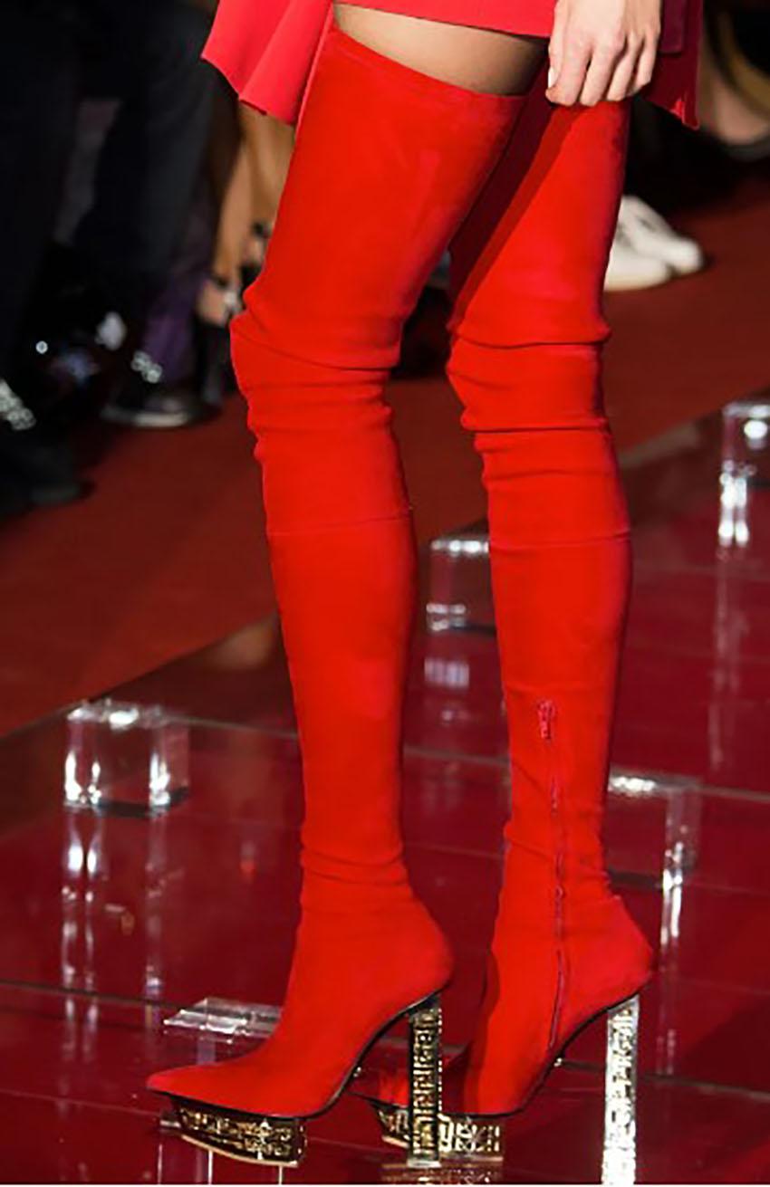 Fall 2015 Look # 8 NEW VERSACE RED SUEDE LETHER GREEK KEY OVER KNEE BOOTS 39 - 9 For Sale 1