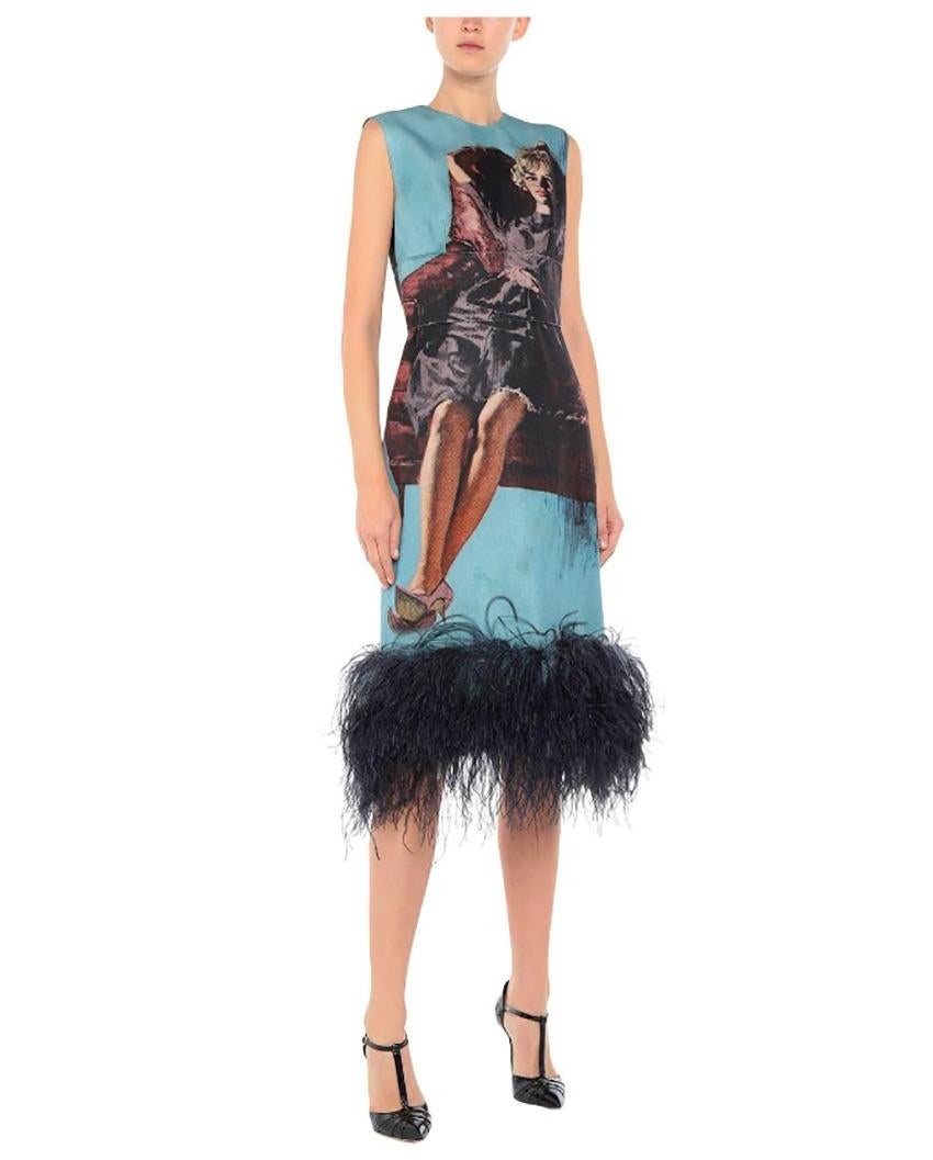 Fall 2017 PRADA MULTICOLOR DRESS with FEATHERS Sz IT 44 In Excellent Condition In Montgomery, TX