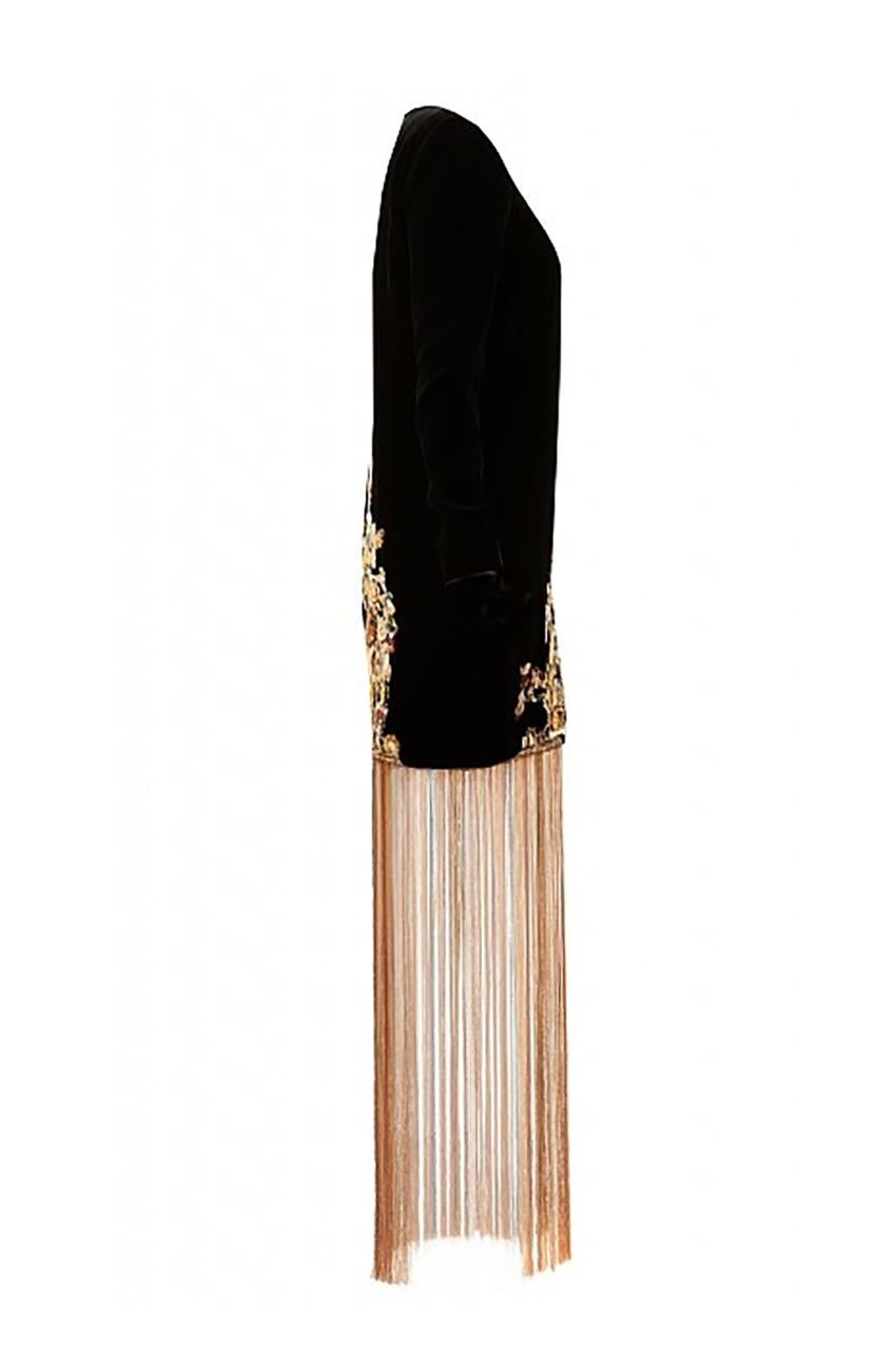 Herbst/2019 L# 17 Oscar de la Renta Minikleid aus schwarzem Samt mit Fransenbesatz Größe 4 (Braun)