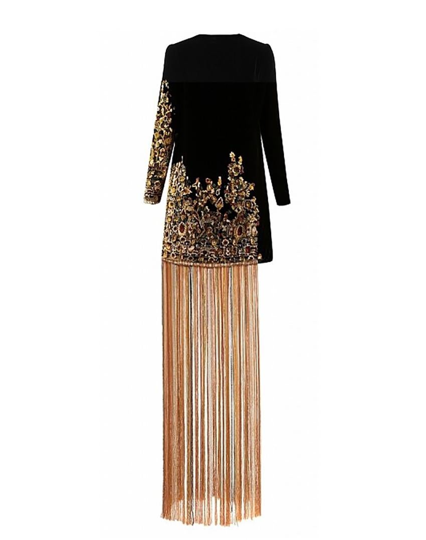 Brown Fall/2019 L# 17 Oscar de la Renta Fringe-Trimmed Black Velvet Mini Dress size 4