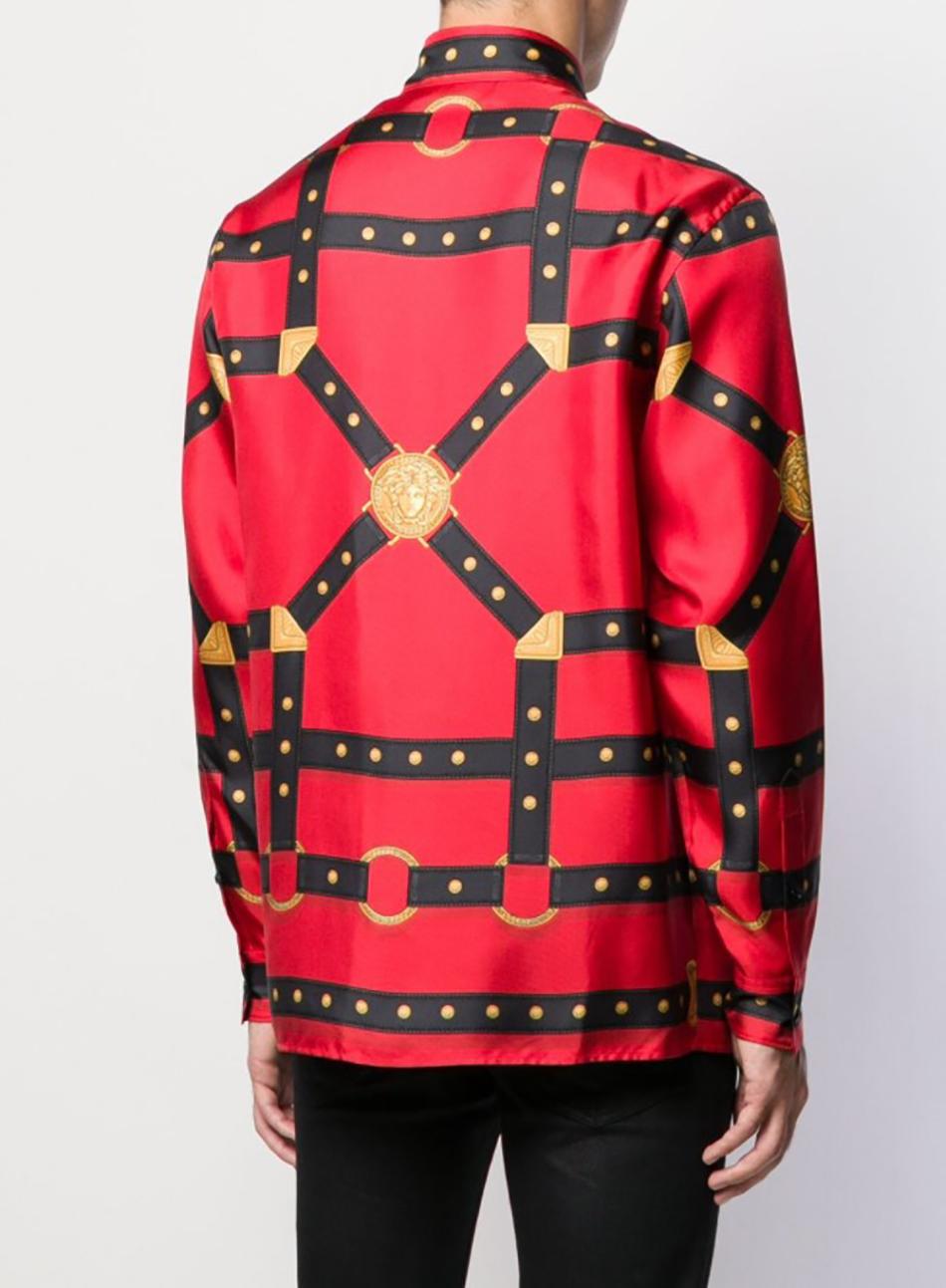 De las mujeres Otoño 2019 Look #10 NUEVA CAMISETA VERSACE DE SEDA ROJA CON IMPRESIÓN BONDAGE 54 - 2XL