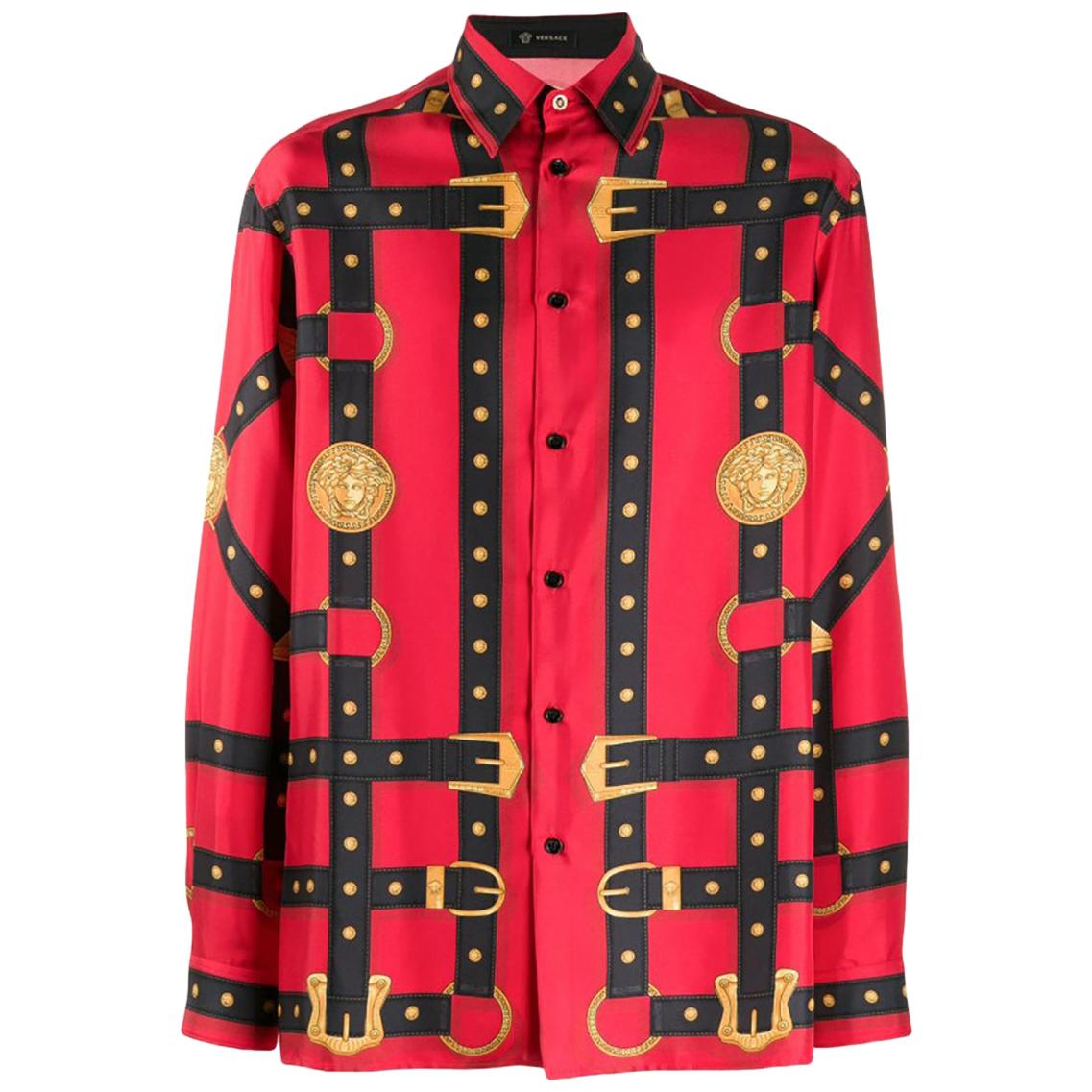 Fall 2019 Look #10 NEW VERSACE BONDAGE PRINT RED SILK SHIRT 54 - 2XL