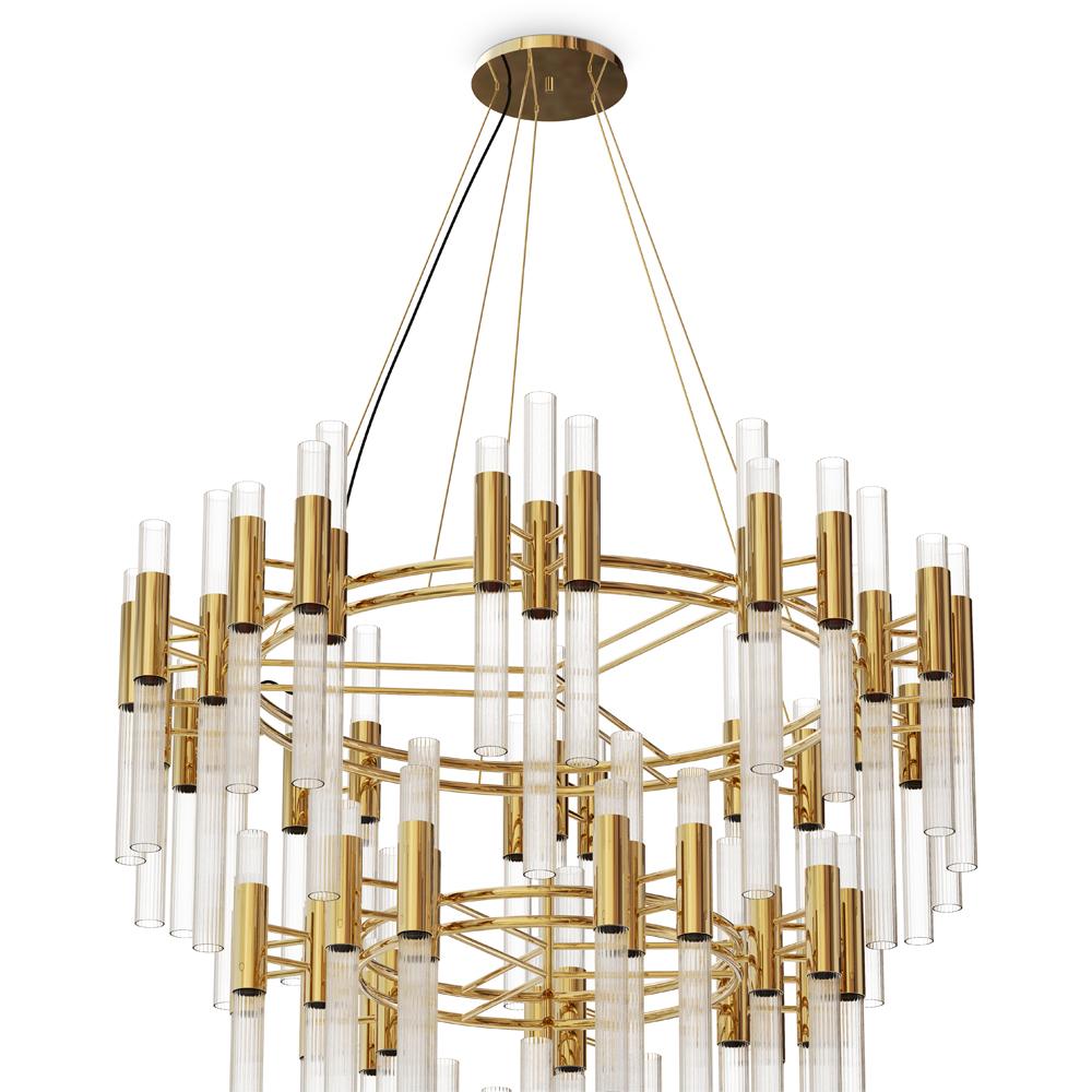 Chandelier fall with ribbed Fine crystal glass tubes.
With 3 steps circular rings of gold plated polished brass.
With 72 halogen bulbs, lamp holder type G9.
40 Watt max, for 220-240V. Bulbs not included.
With steel ropes for hanging: 200cm