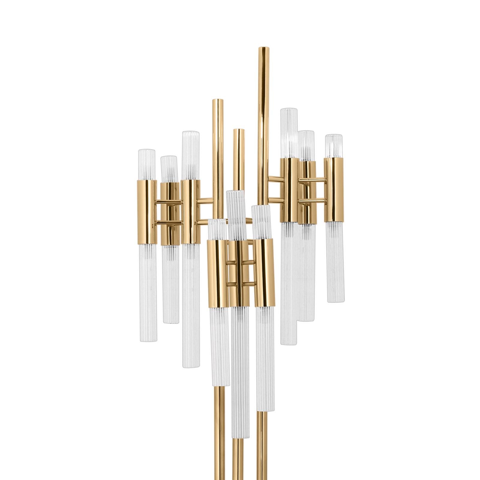 Floor lamp fall with crystal glass tubes and
gold-plated polished brass structure. With
grey Carrara marble ring around basement.
With 18 halogen bulbs, lamp holder type G9.
40 watt max, for 220-240V. Bulbs not included.