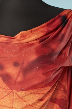 Fall leaves printed jersey dress with tiny gold splatch Roberto Cavalli