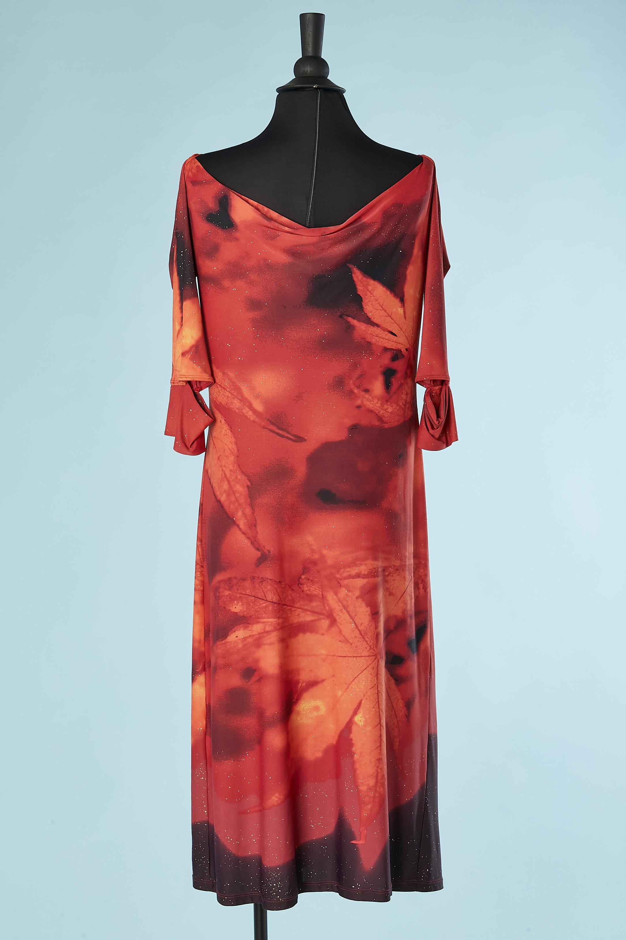Fall leaves printed jersey dress with tiny gold splatch Roberto Cavalli  For Sale 1