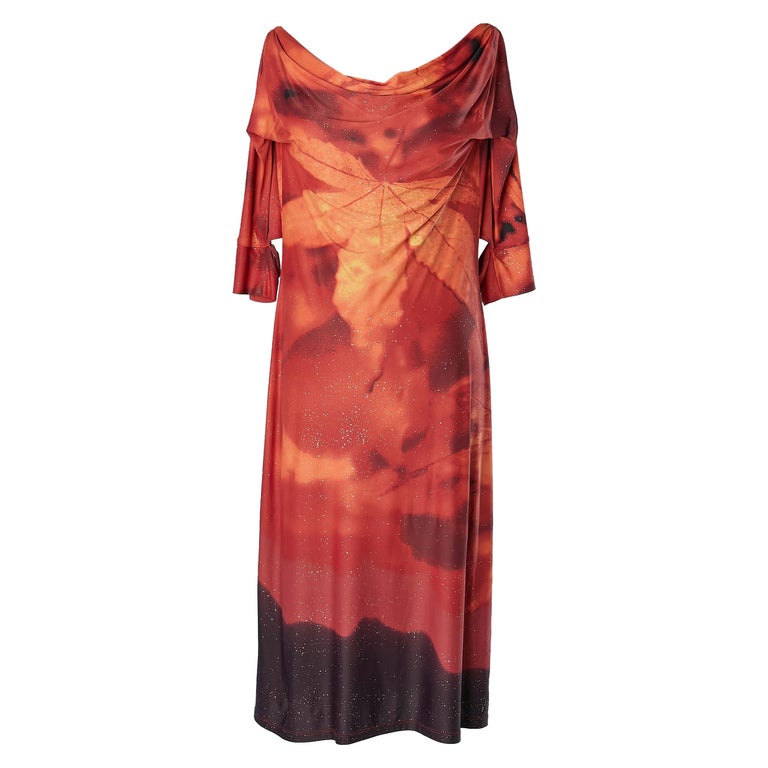 Fall leaves printed jersey dress with tiny gold splatch Roberto Cavalli For  Sale at 1stDibs