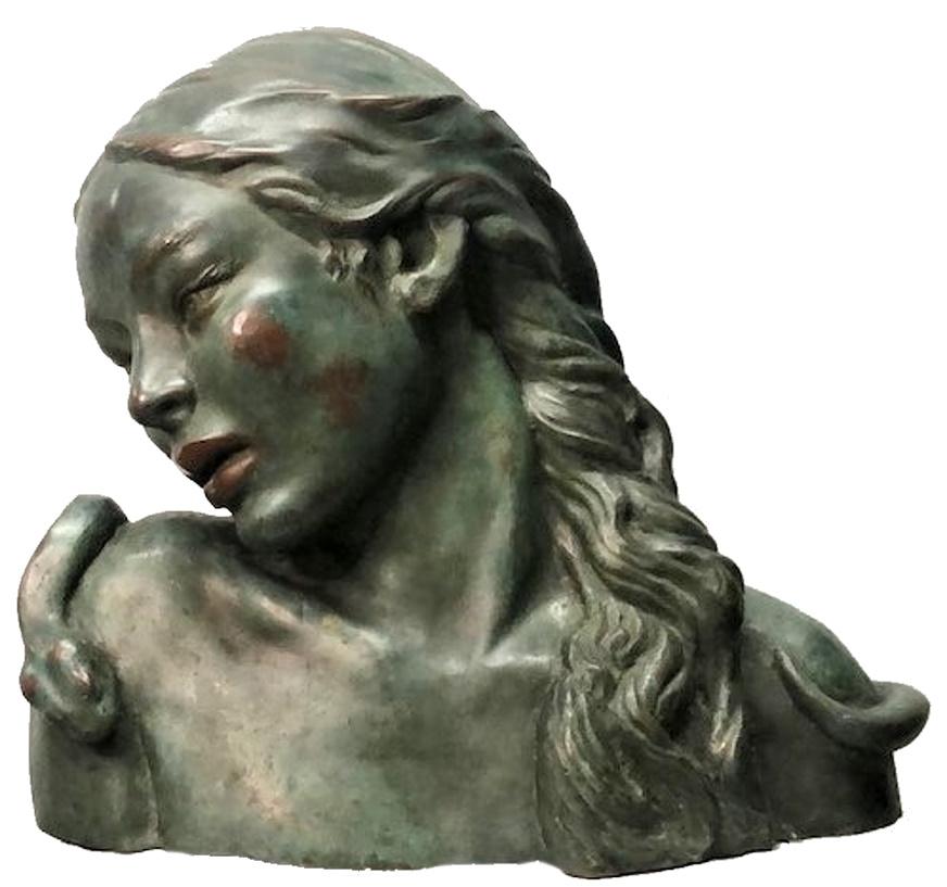 Début du 20ème siècle Fall of Eve, Sculpture Art Déco en bronze patiné multicolore, vers 1920 en vente