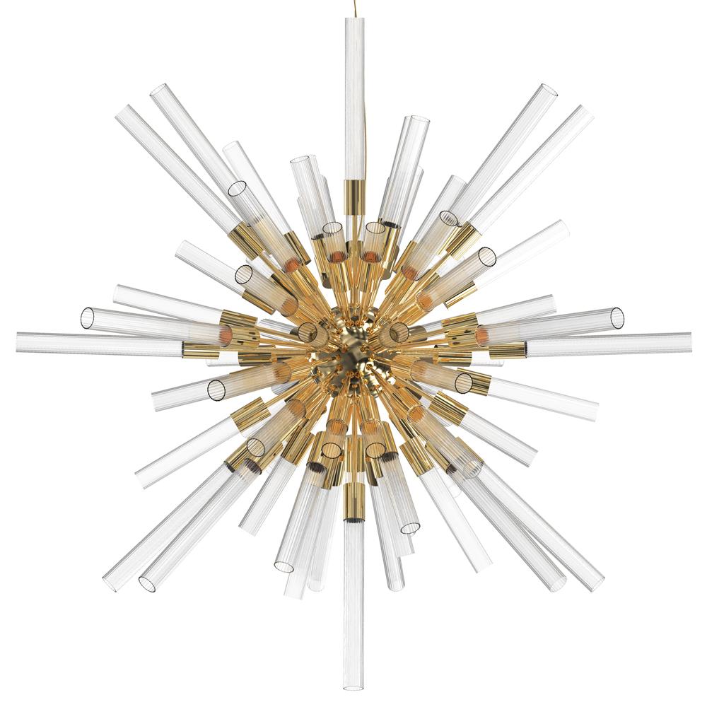 Suspension fall sputnik with ribbed crystal glass tubes
gathered and held by a gold plated polished brass center structure.
With 96 bulbs, lamp holder type G9 halogen -40 Watt max. For 220-240V.
Bulbs not included. With adjustable cord height: