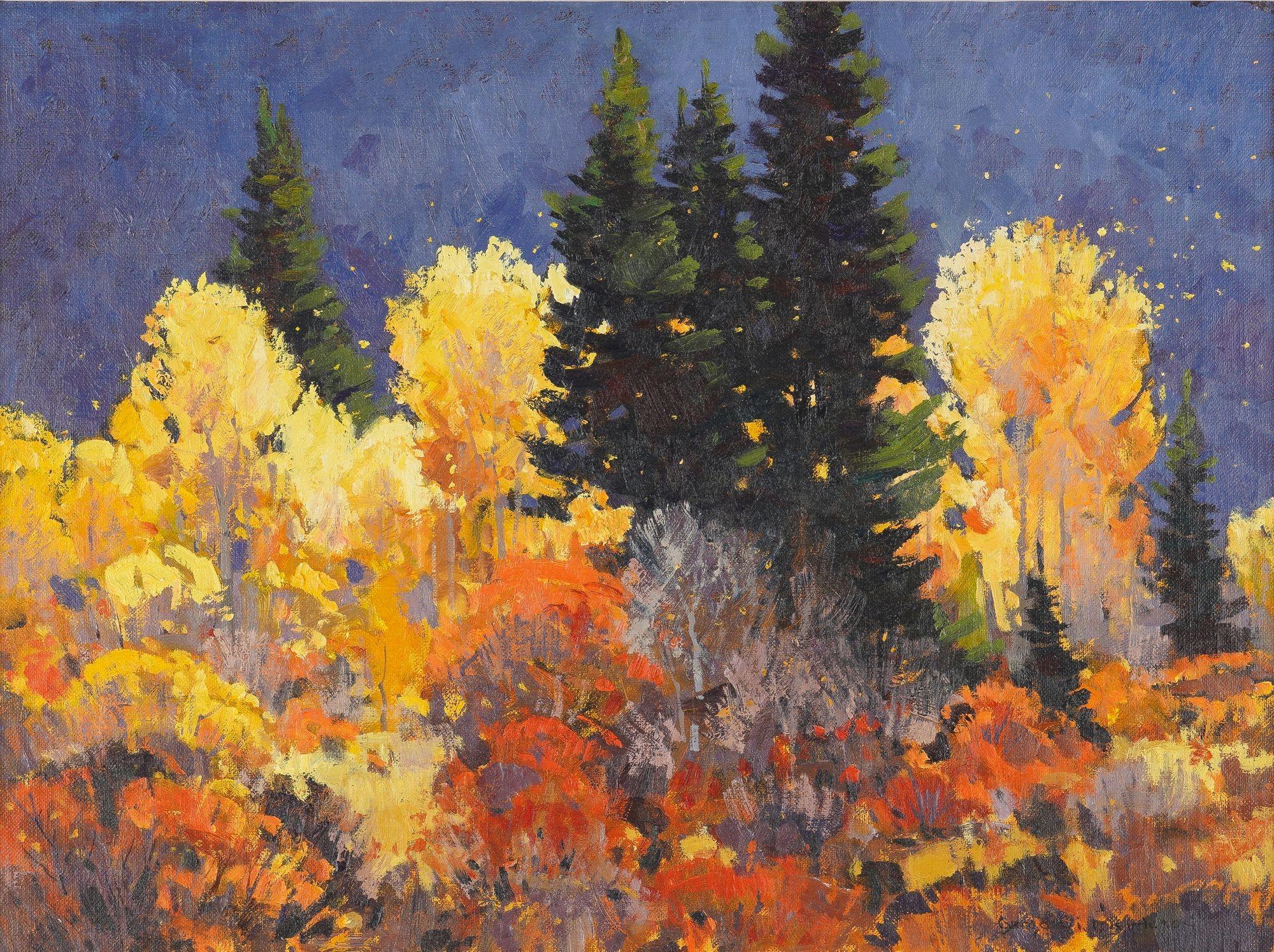 Vue d'un paysage recadré de pins et de trembles inondés de jaunes et de rouges automnaux, associés à un ciel crépusculaire d'un bleu profond. Né en 1945, McHuron a obtenu un diplôme d'art à l'université d'État de l'Oregon et a beaucoup étudié avec
