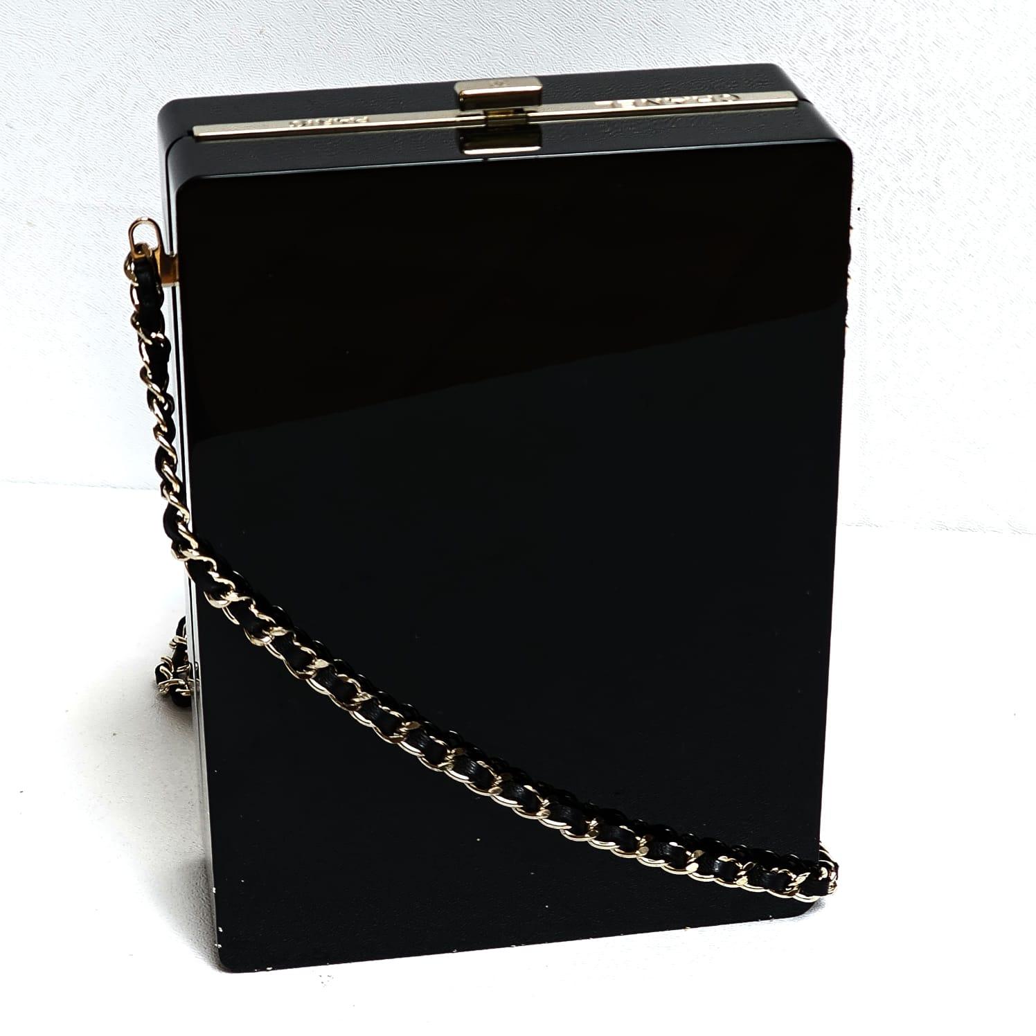 Fall/Winter 15 Chanel No 5 Gold Plexiglass Minaudiere Clutch For Sale 1