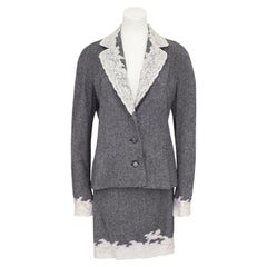 Fall/Winter 1998 Christian Dior Grey Wool Tweed Skirt Suit with Cream Lace 