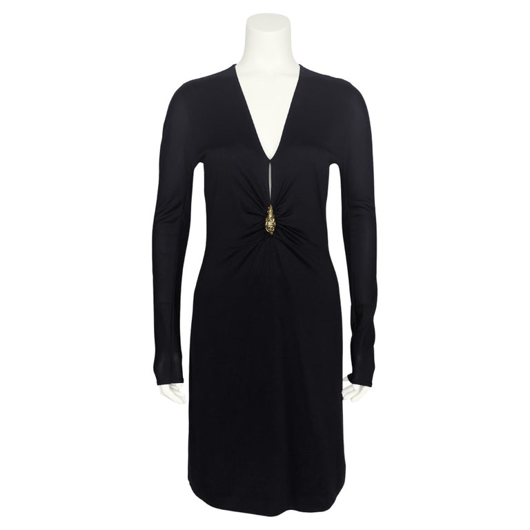 slim fit dress slacks Black jersey dress with printed nude optical illusion detailing