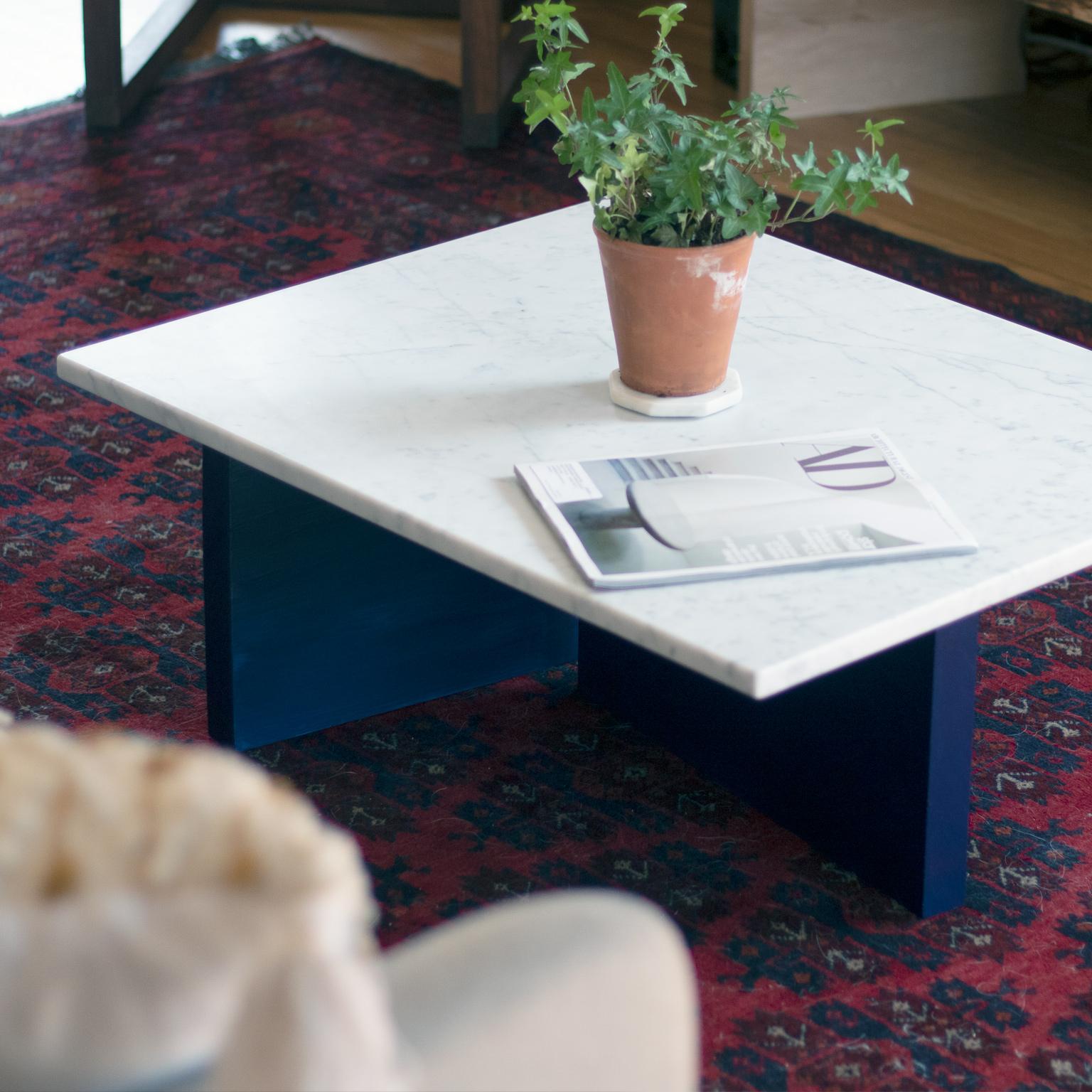 Canadian Fallada White Carrara Marble and Blue Ink Lacquered Based Coffee Table For Sale