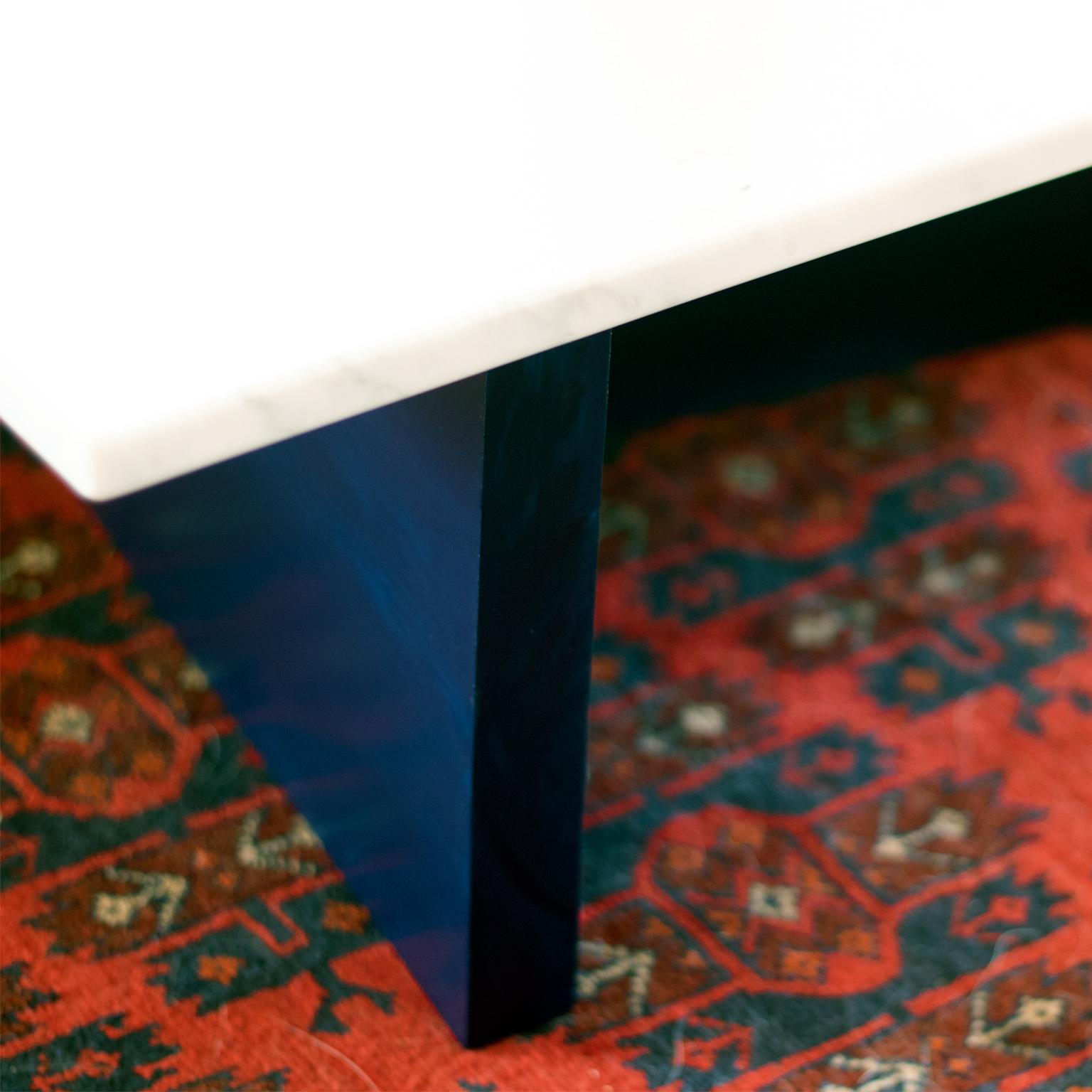 Painted Fallada White Carrara Marble and Blue Ink Lacquered Based Coffee Table For Sale