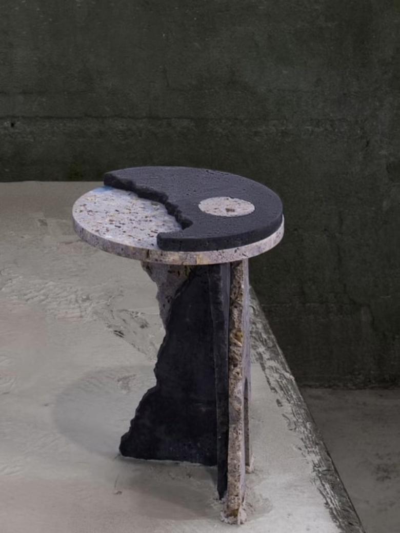 The Fallen Empire collection consists of four striking pieces— a round coffee table, a side table, a console, and a dining table—each meticulously crafted from a selection of the finest marbles. These include Verde Alpi, Rosa Peralba, Travertine